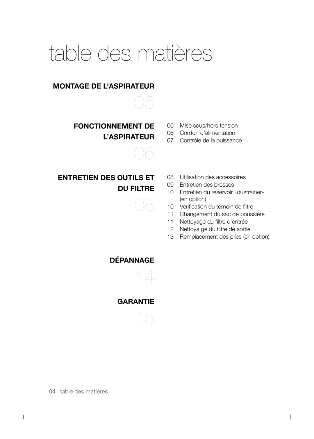 Samsung VCC54J0V3B/XEF manual Table des matières, Du filtre 