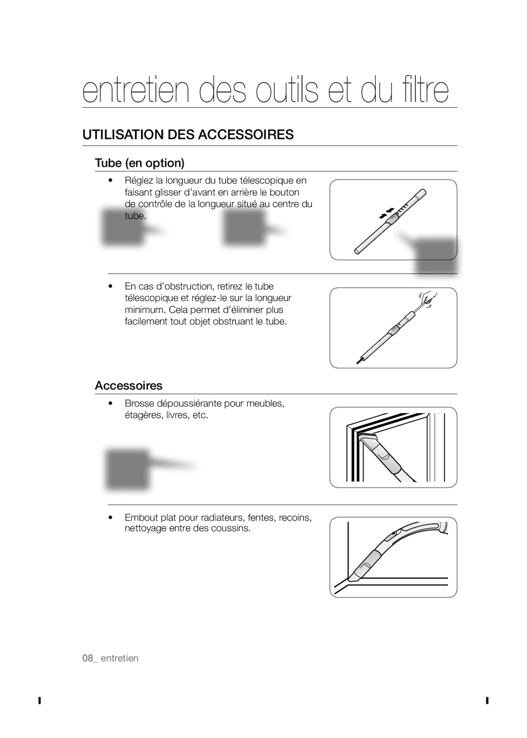 Samsung VCC54J0V3B/XEF manual Entretien des outils et du filtre, Utilisation des accessoires 