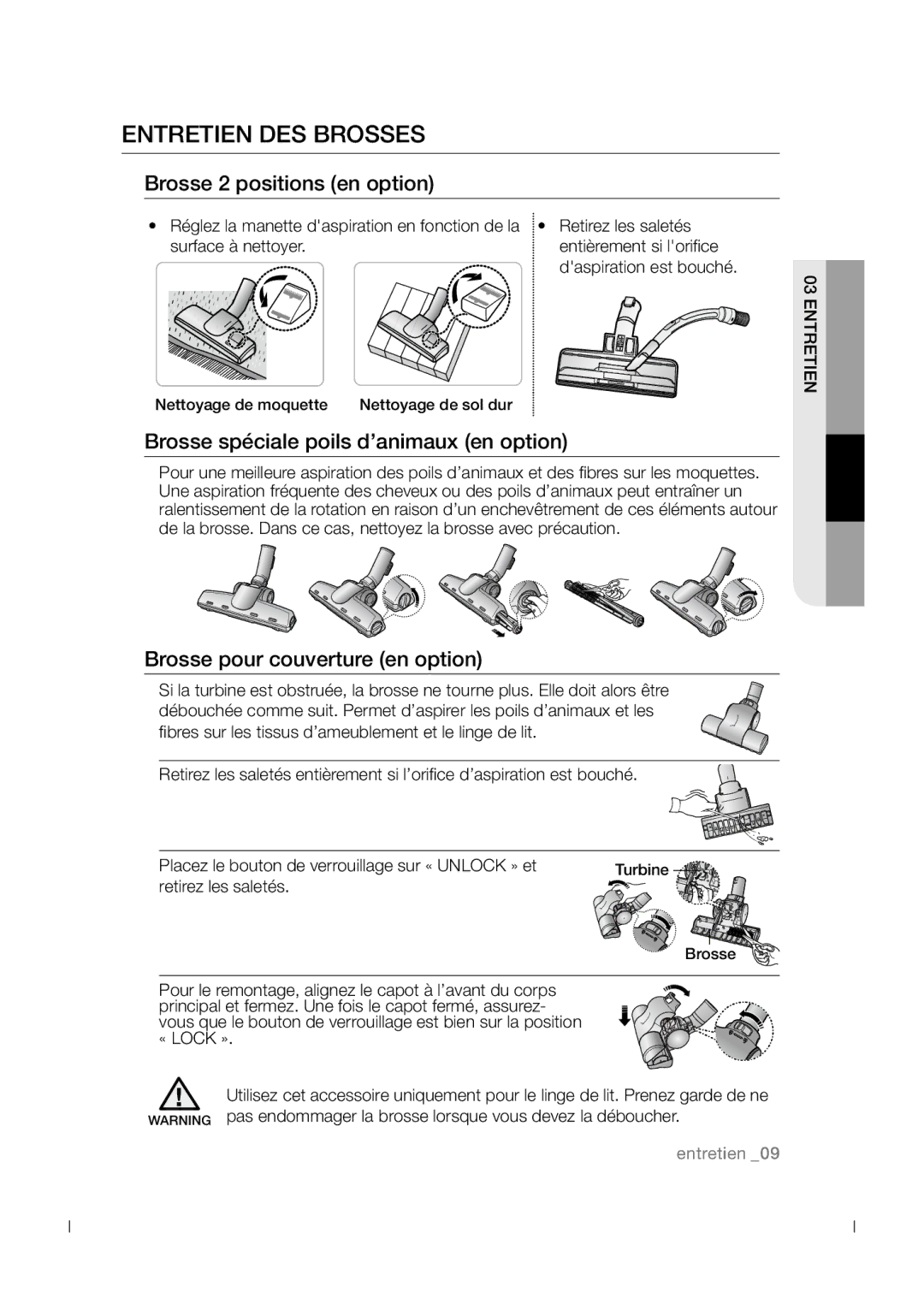 Samsung VCC54J0V3B/XEF manual Entretien des brosses, Brosse 2 positions en option 