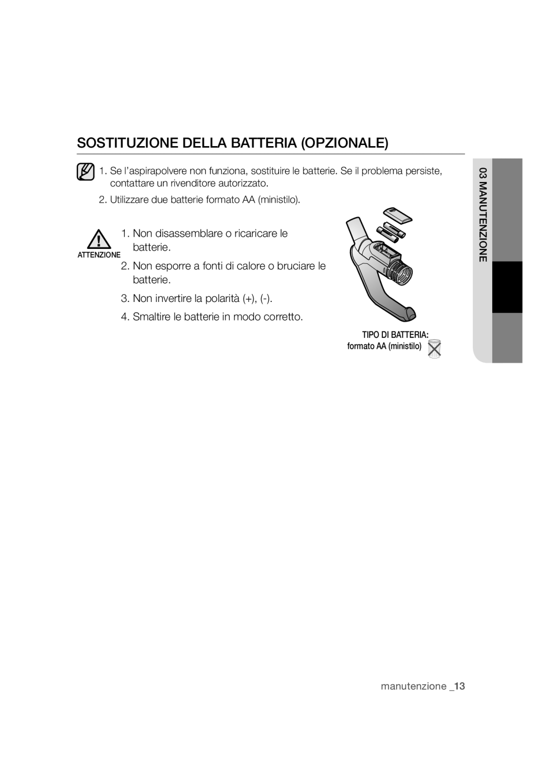 Samsung VCC54J0V3G/XET manual Sostituzione della batteria opzionale 