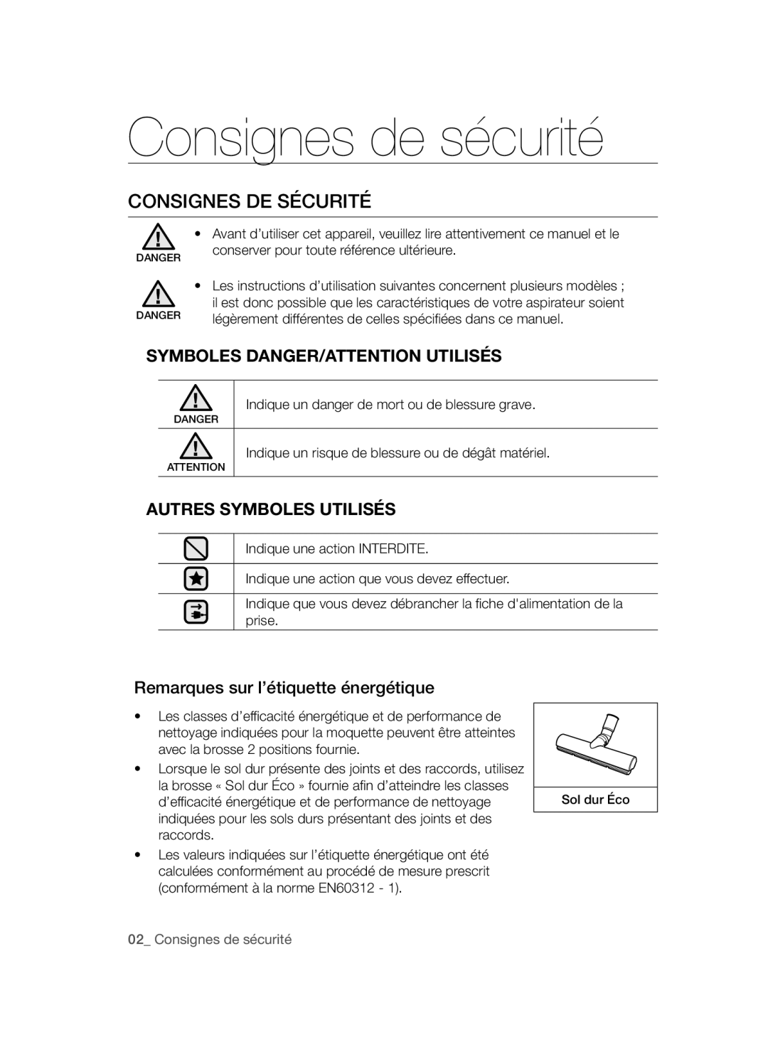 Samsung VCC54Q0V3B/XEF manual Consignes de sécurité, Consignes DE Sécurité 