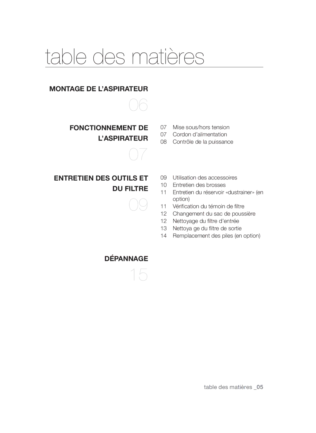 Samsung VCC54Q0V3B/XEF manual Table des matières, DU Filtre 