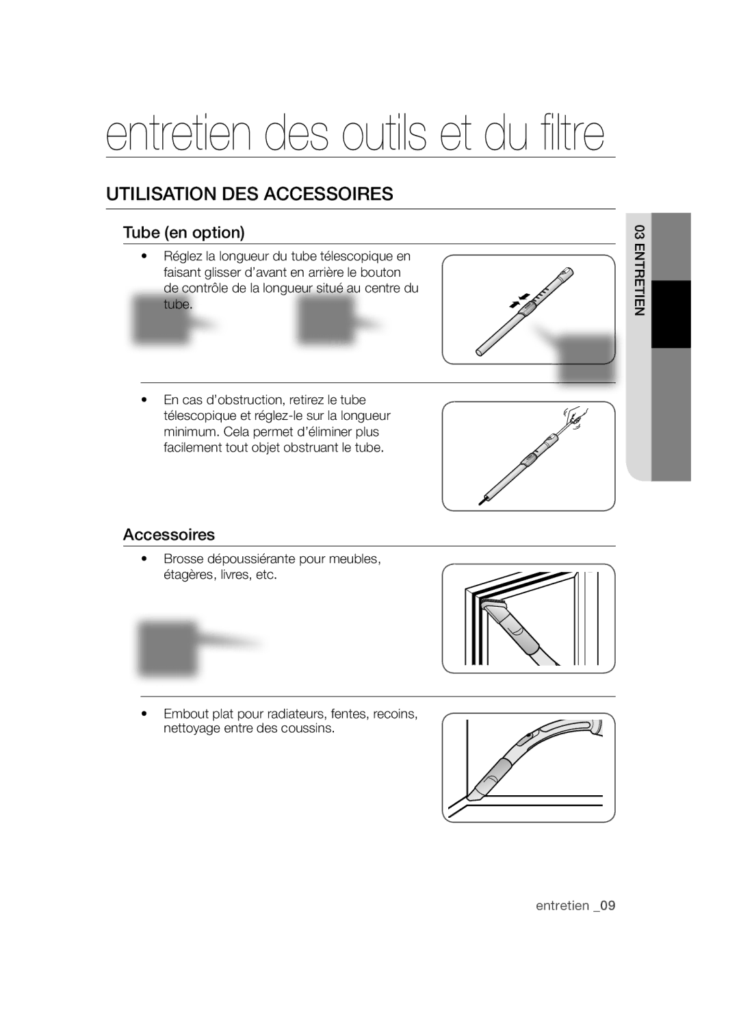 Samsung VCC54Q0V3B/XEF manual Entretien des outils et du filtre, Utilisation DES Accessoires 