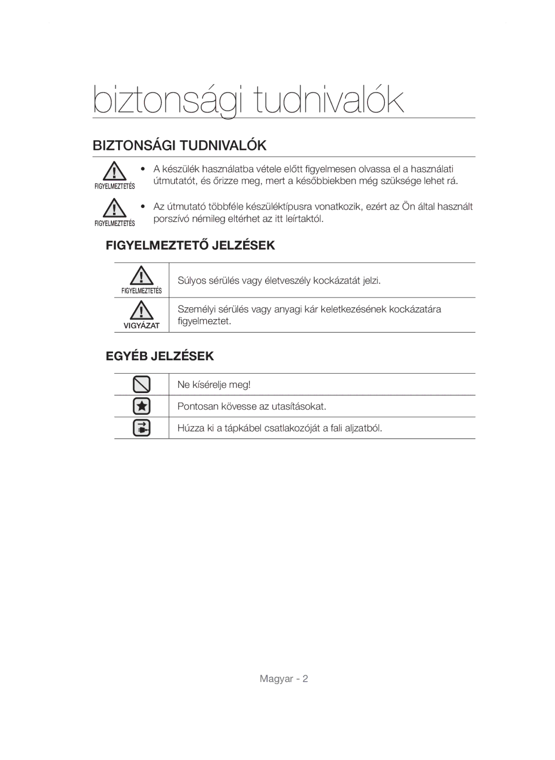 Samsung VCC54F7V3R/XEH manual Biztonsági tudnivalók, Biztonsági Tudnivalók, Figyelmeztető Jelzések, Egyéb Jelzések 