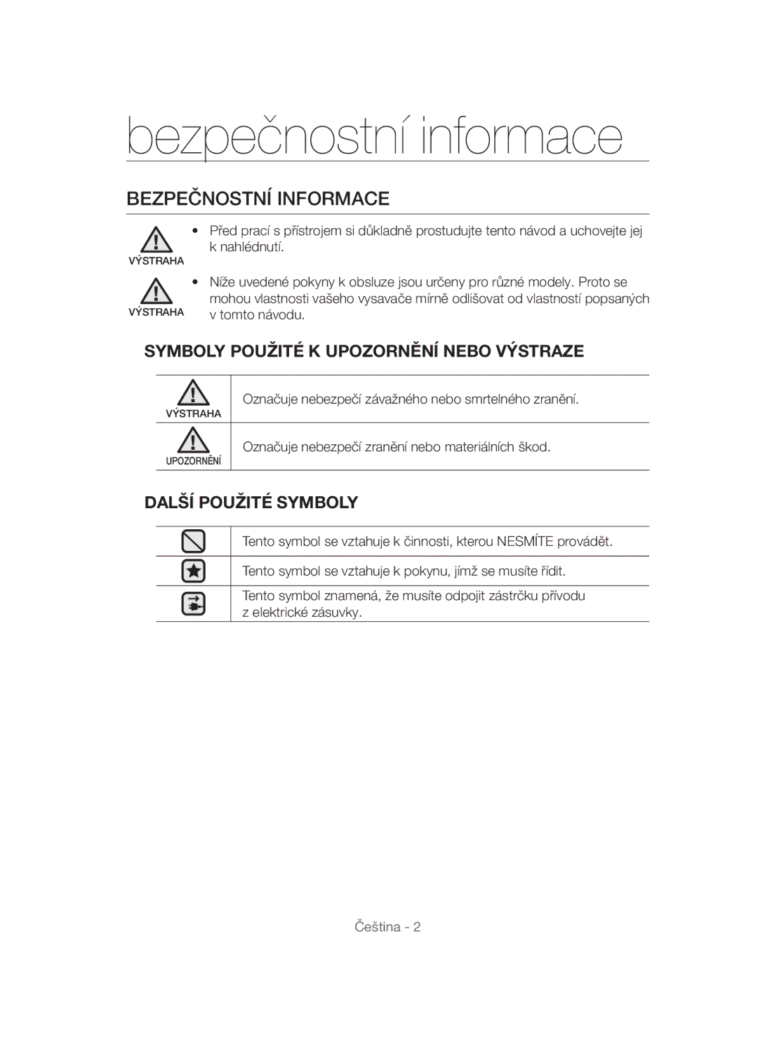 Samsung VCC54F5V3B/BOL manual Bezpečnostní informace, Bezpečnostní Informace, Symboly Použité K Upozornění Nebo Výstraze 