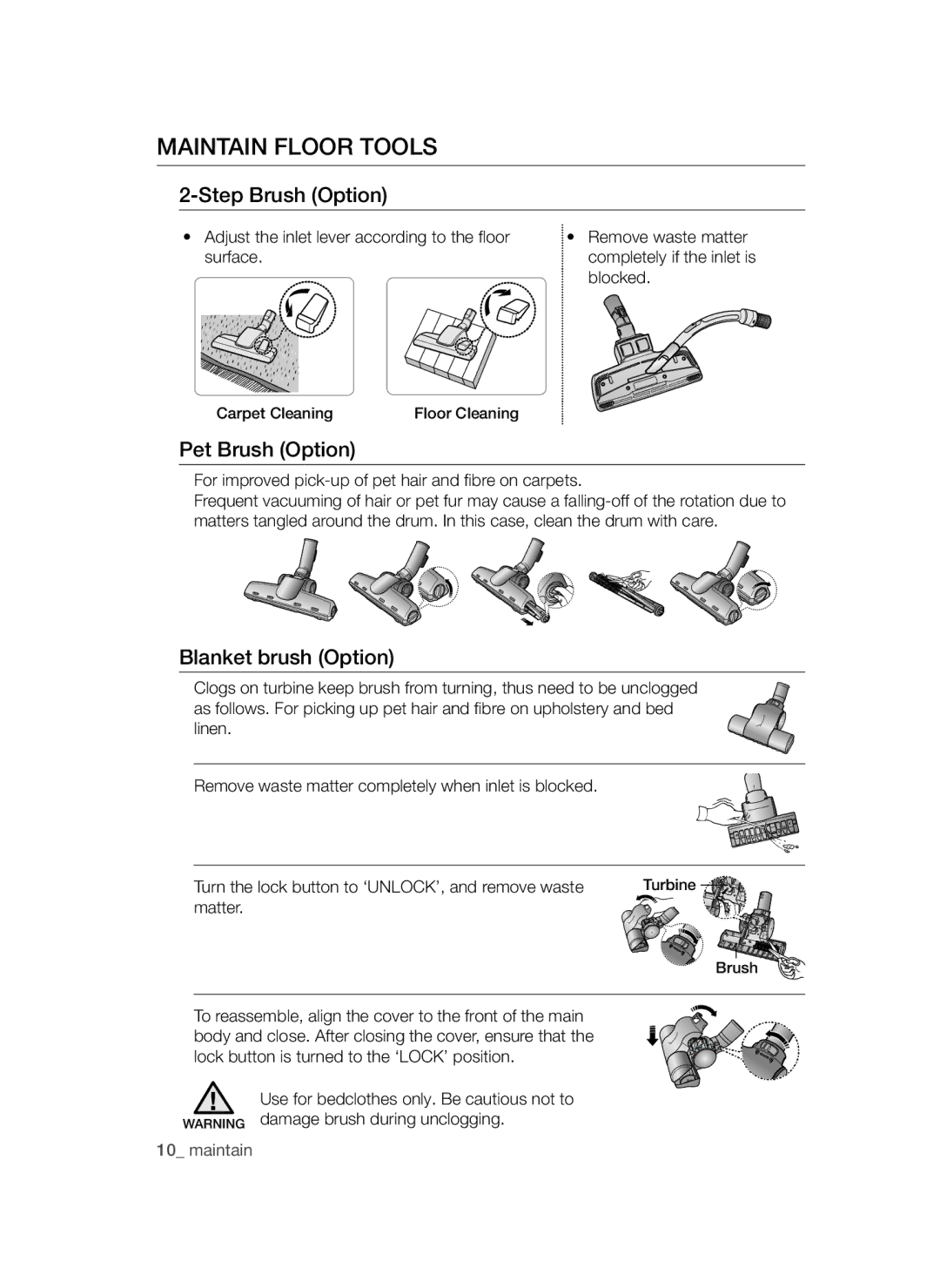 Samsung VCC54Q0V3G/XEE, VCC54J0V3G/XEE Maintain Floor Tools, Step Brush Option, Pet Brush Option, Blanket brush Option 