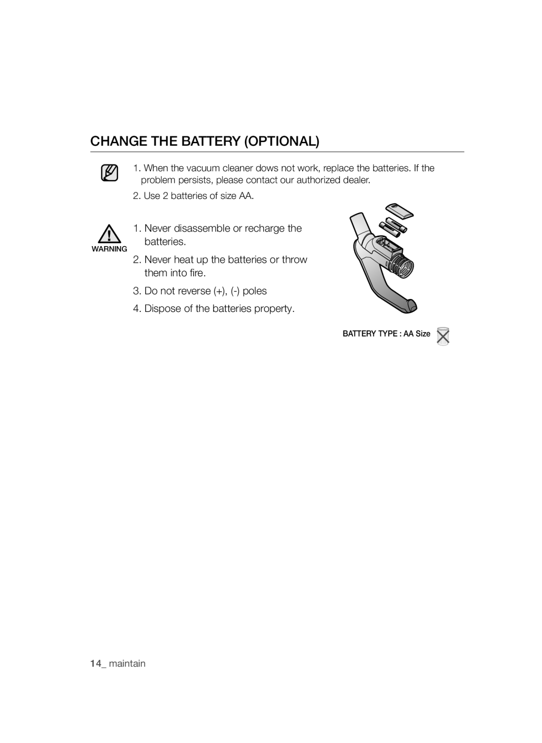 Samsung VCC54Q0V3G/XEE, VCC54J0V3G/XEE manual Change the Battery Optional 