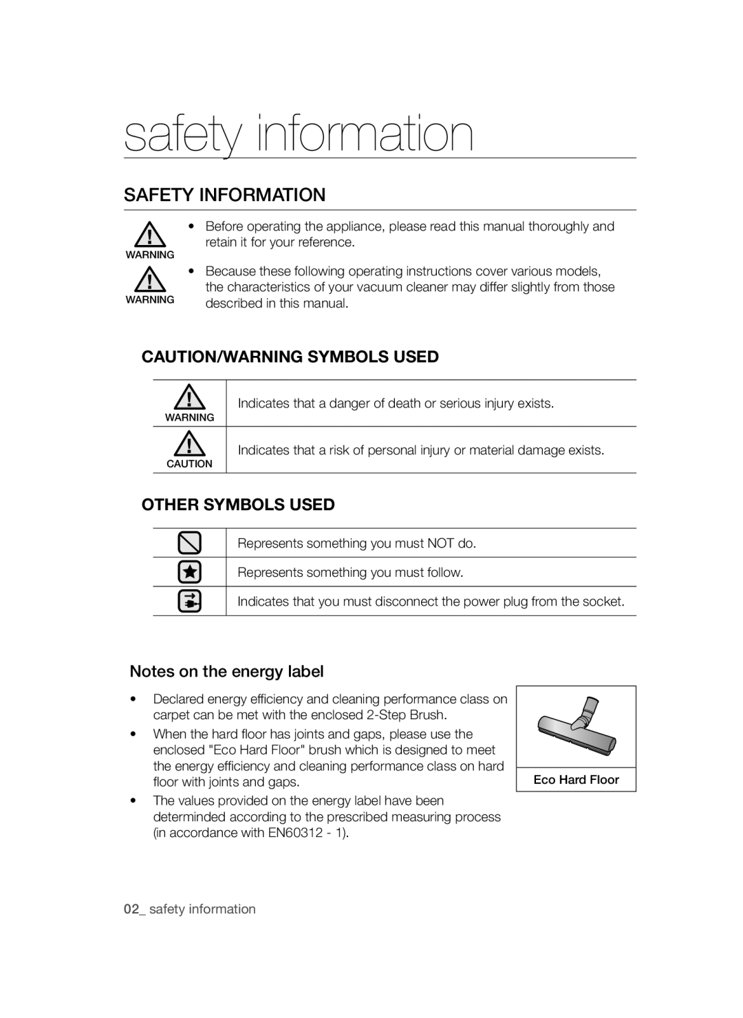 Samsung VCC54Q0V3G/XEE, VCC54J0V3G/XEE manual Safety information, Safety Information, Other Symbols Used 