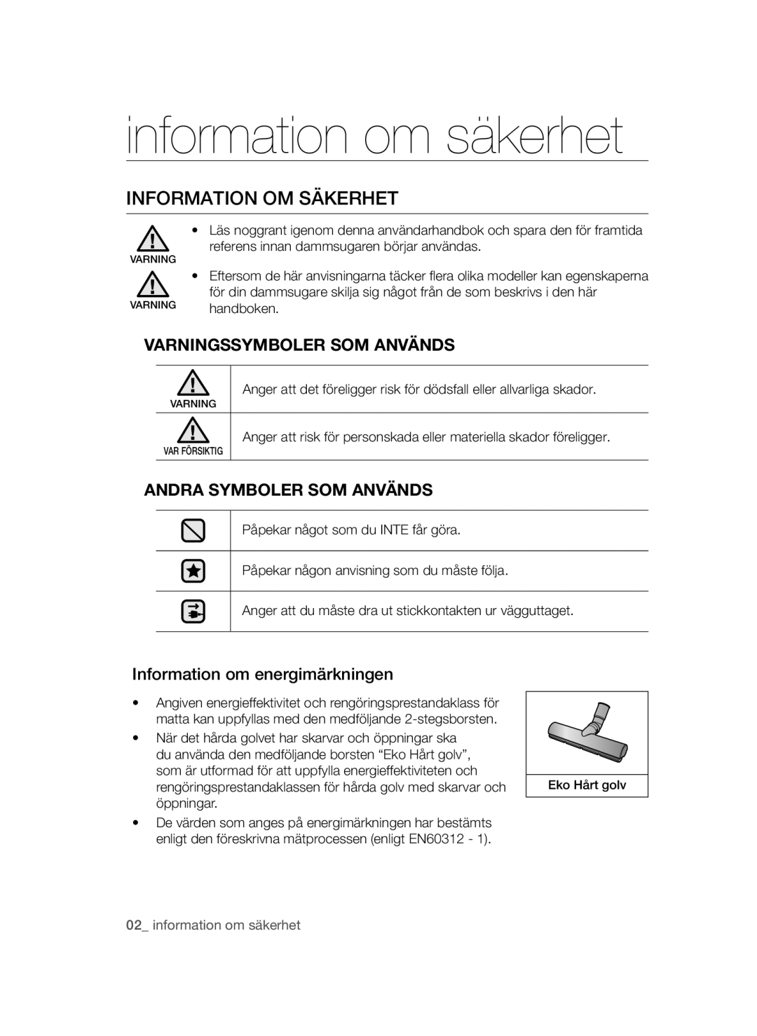 Samsung VCC54Q0V3G/XEE, VCC54J0V3G/XEE manual Information om säkerhet, Information OM Säkerhet, Varningssymboler SOM Används 