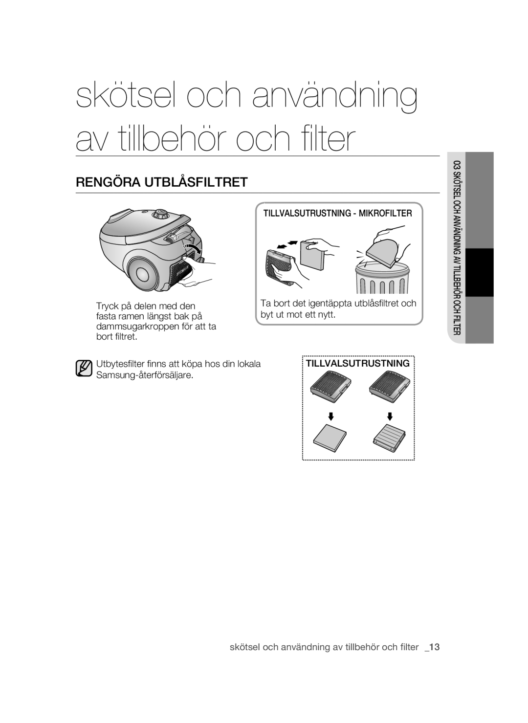 Samsung VCC54J0V3G/XEE, VCC54Q0V3G/XEE manual Rengöra Utblåsfiltret, Tillvalsutrustning Mikrofilter 