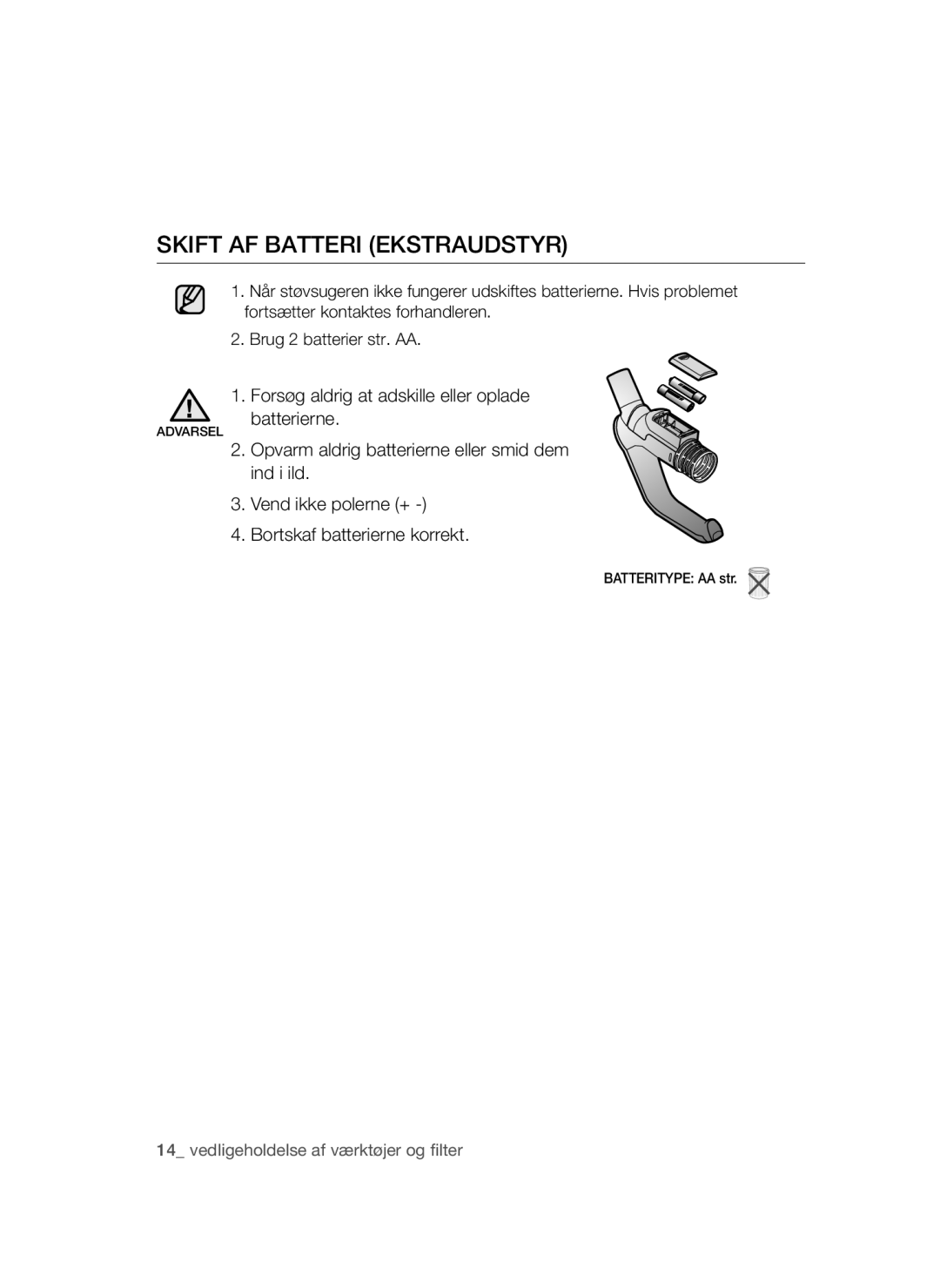 Samsung VCC54Q0V3G/XEE, VCC54J0V3G/XEE manual Skift AF Batteri Ekstraudstyr 