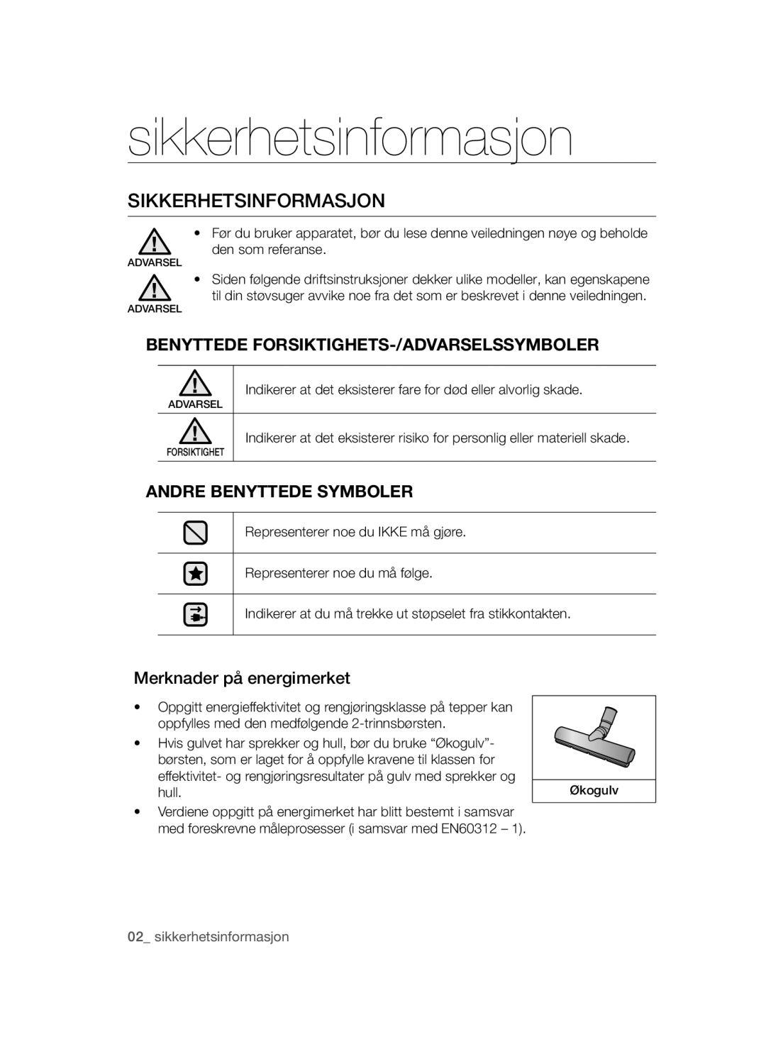 Samsung VCC54Q0V3G/XEE manual Sikkerhetsinformasjon, Benyttede FORSIKTIGHETS-/ADVARSELSSYMBOLER, Andre Benyttede Symboler 