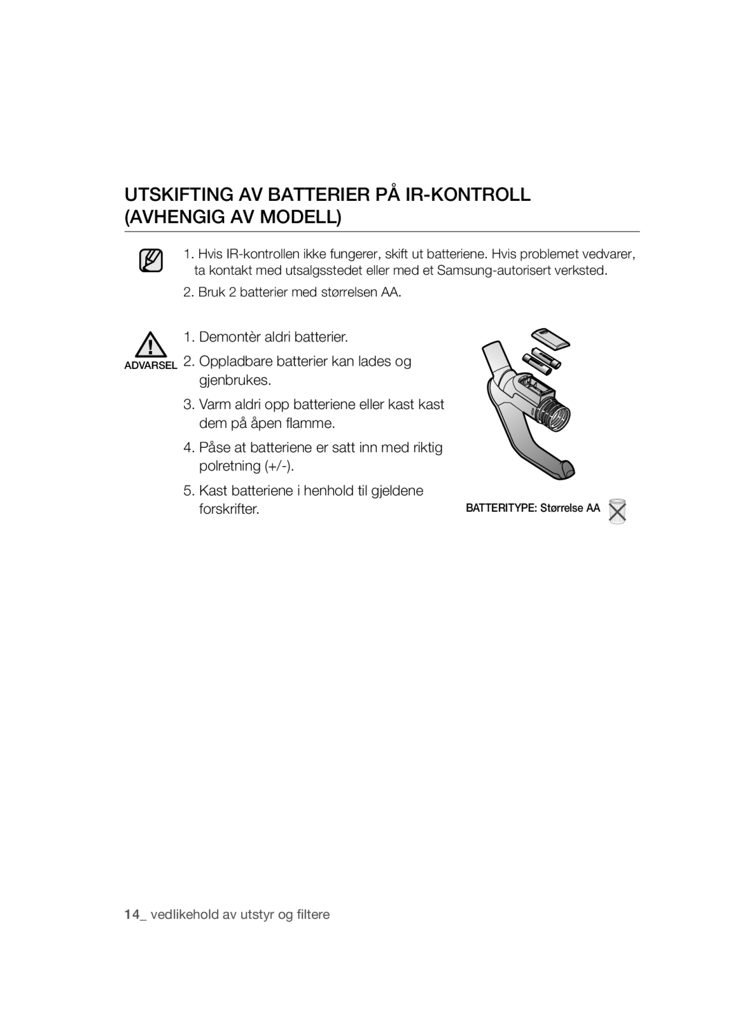 Samsung VCC54Q0V3G/XEE, VCC54J0V3G/XEE manual Utskifting AV Batterier PÅ IR-KONTROLL Avhengig AV Modell 