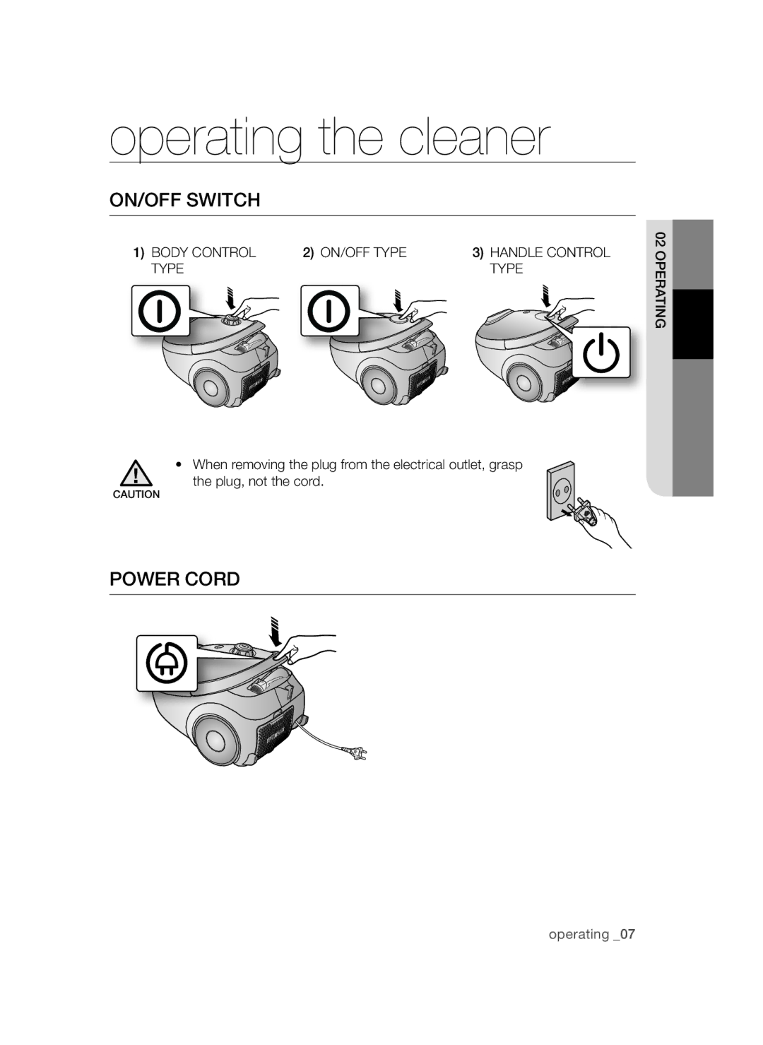 Samsung VCC54J0V3G/XEE manual Operating the cleaner, ON/OFF Switch, Power Cord, Body Control ON/OFF Type Handle Control 