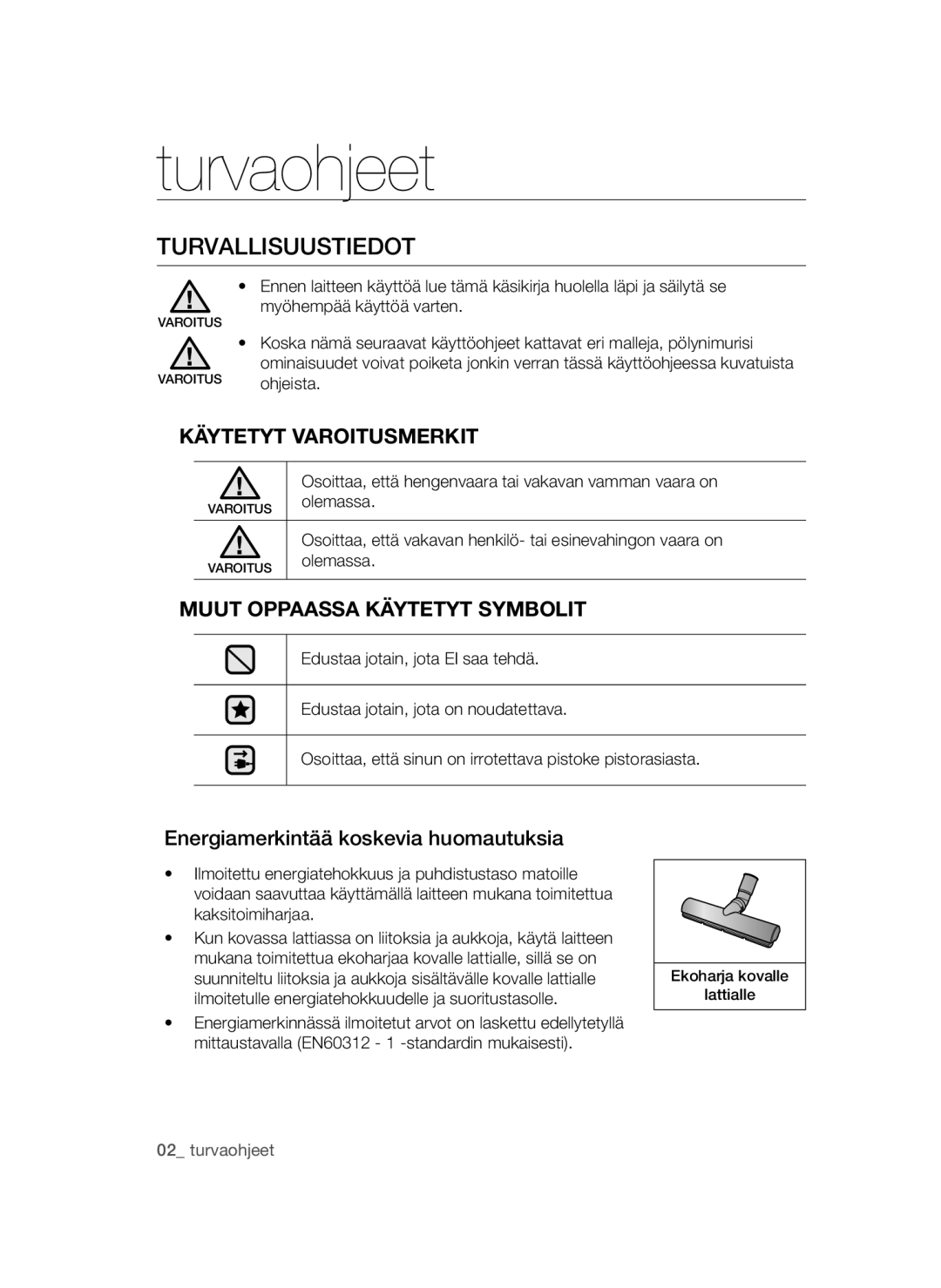 Samsung VCC54Q0V3G/XEE manual Turvaohjeet, Turvallisuustiedot, Käytetyt Varoitusmerkit, Muut Oppaassa Käytetyt Symbolit 