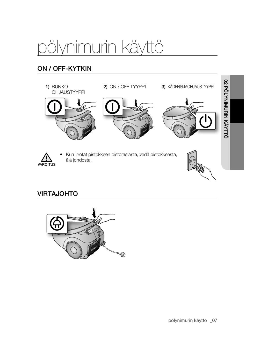 Samsung VCC54J0V3G/XEE manual Pölynimurin käyttö, On / OFF-KYTKIN, Virtajohto, Runko On / OFF Tyyppi, Ohjaustyyppi 