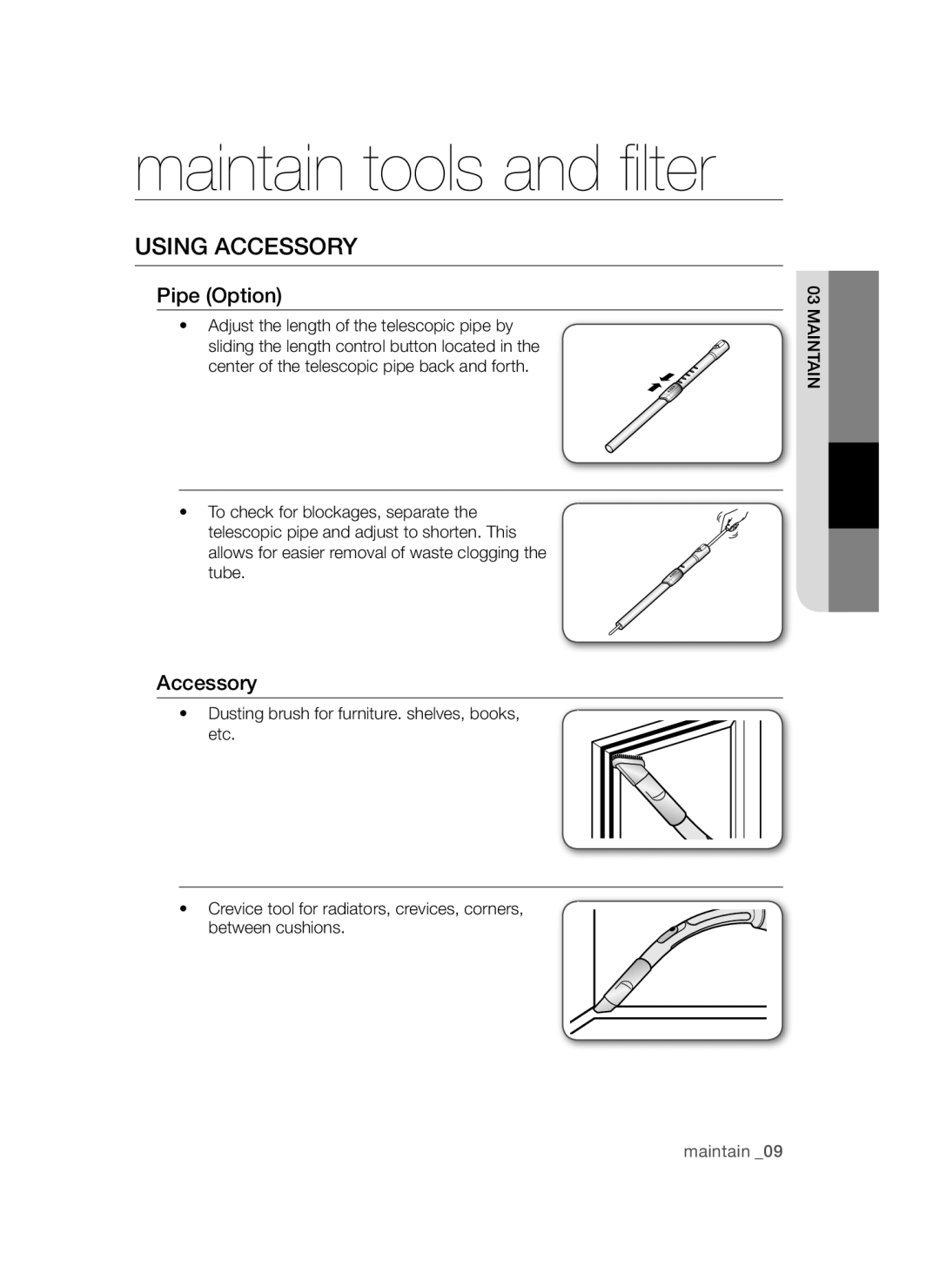 Samsung VCC54J0V3G/XEE, VCC54Q0V3G/XEE manual Maintain tools and filter, Using Accessory, Pipe Option 