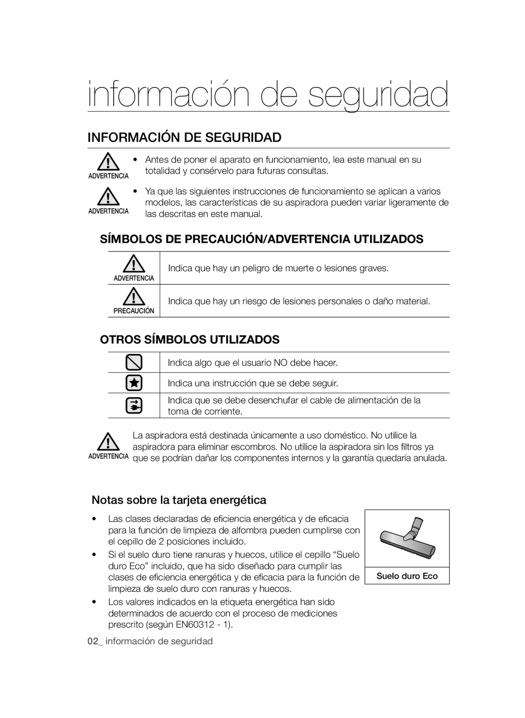 Samsung VCC54Q5V3R/XEP manual Información de seguridad, Información DE Seguridad, Notas sobre la tarjeta energética 