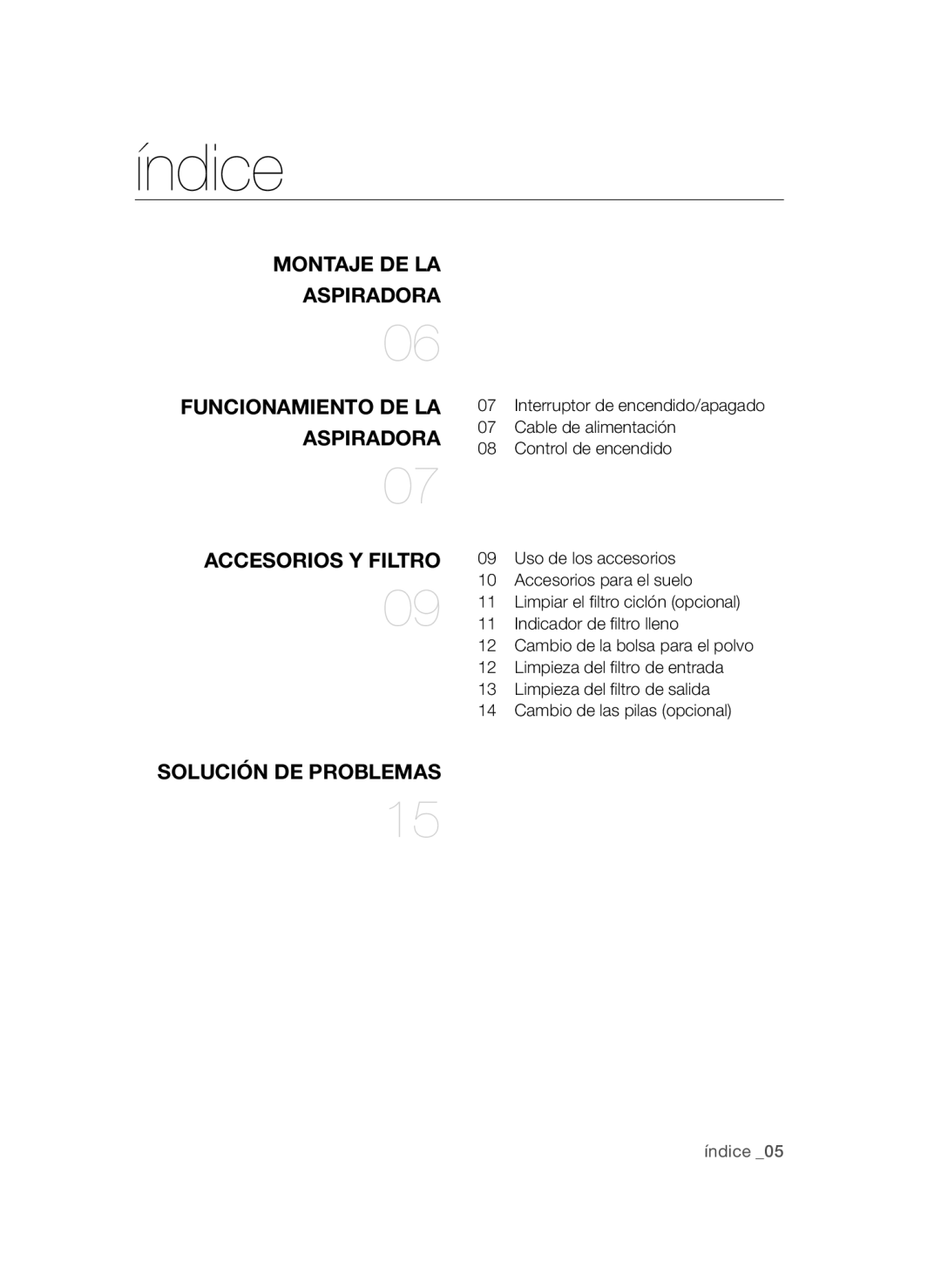 Samsung VCC54F5V3R/XEP, VCC54Q5V3R/XEP, VCC54Q0V3G/XET, VCC54J0V3G/XET, VCC54J0V3G/XEC manual Índice, Accesorios Y Filtro 