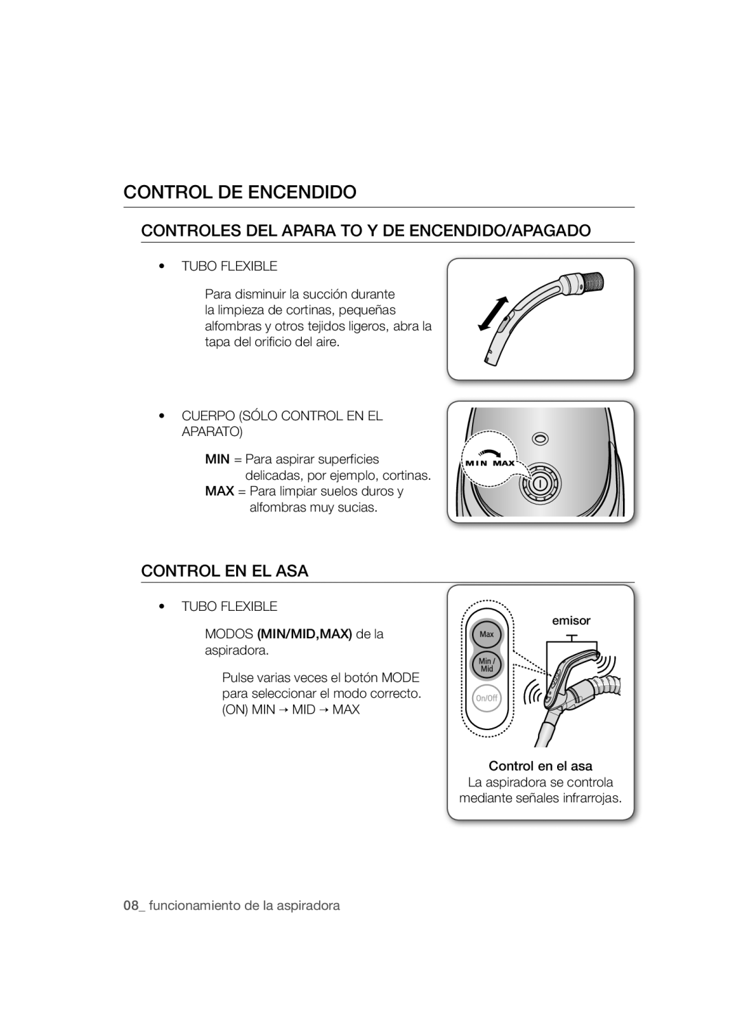 Samsung VCC54Q0V3G/XET, VCC54Q5V3R/XEP manual Control DE Encendido, Tubo Flexible, Cuerpo Sólo Control EN EL Aparato 