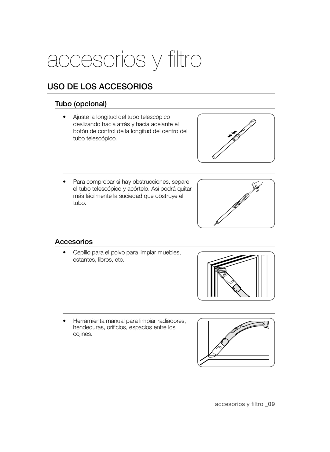 Samsung VCC54J0V3G/XET, VCC54Q5V3R/XEP manual Accesorios y filtro, USO DE LOS Accesorios, Tubo opcional, Accesorios Y Filtro 