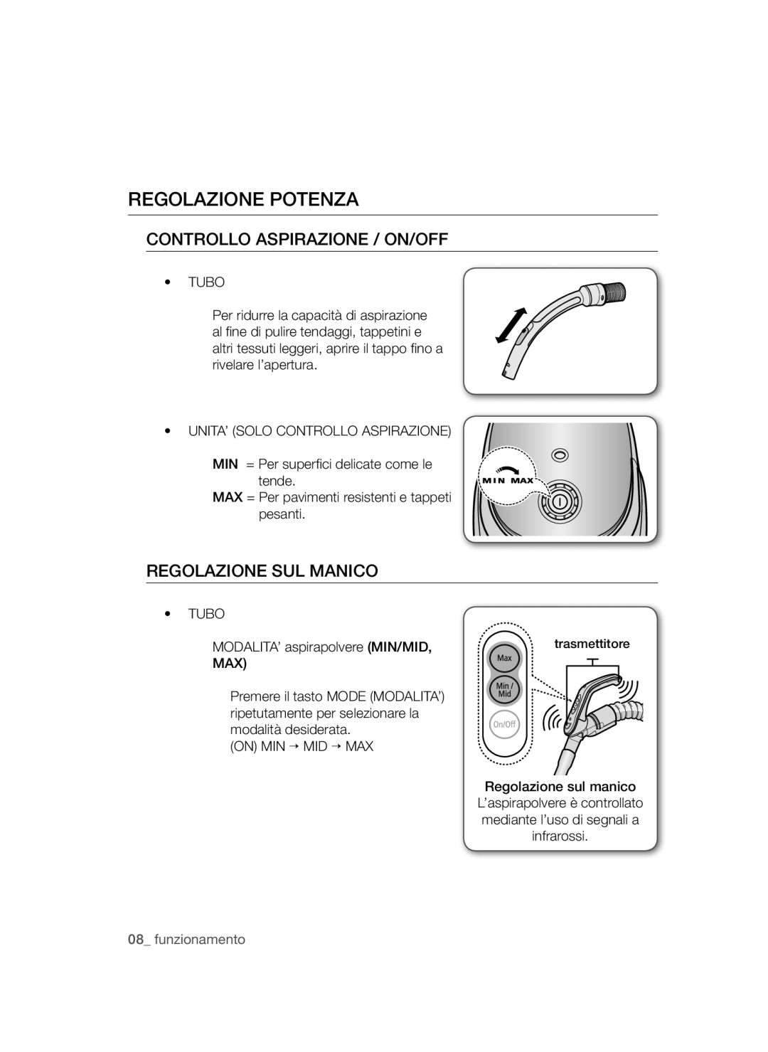 Samsung VCC54F5V3R/XEP, VCC54Q5V3R/XEP Regolazione Potenza, Tubo, UNITA’ Solo Controllo Aspirazione, On MIN → MID → MAX 