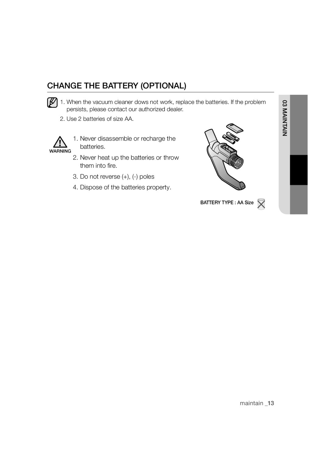 Samsung VCC5490H31/XSB, VCC54T1H31/XSB, VCC54Q5V3R/XSB, VCC54Q1V3B/XSB, VCC54F5V3R/XSB manual Change the Battery Optional 