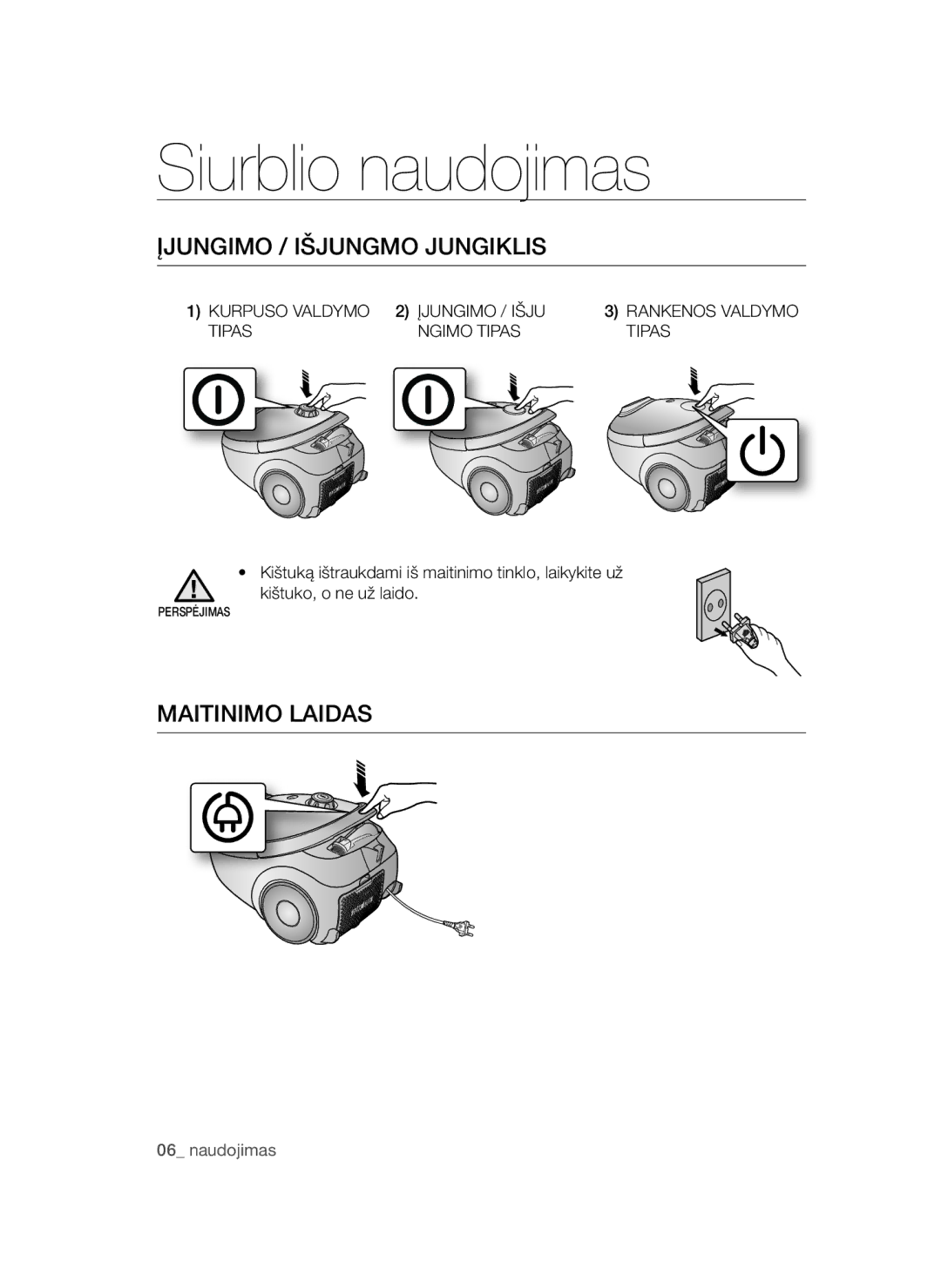 Samsung VCC54F5V3R/XSB, VCC54T1H31/XSB, VCC54Q5V3R/XSB Siurblio naudojimas, Įjungimo / Išjungmo Jungiklis, Maitinimo Laidas 