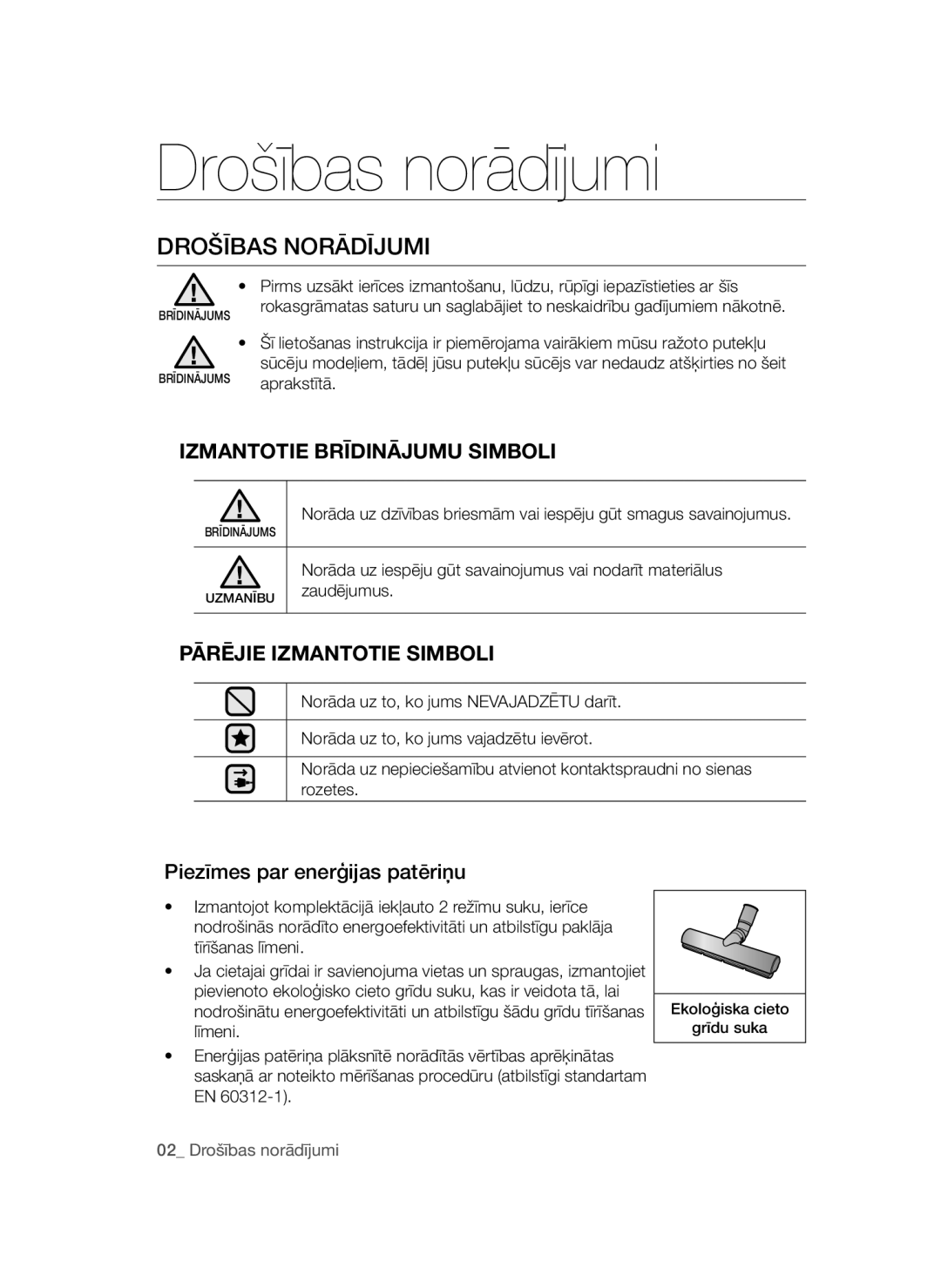 Samsung VCC54F5V3R/XSB, VCC54T1H31/XSB manual Drošības norādījumi, Drošības Norādījumi, Izmantotie Brīdinājumu Simboli 