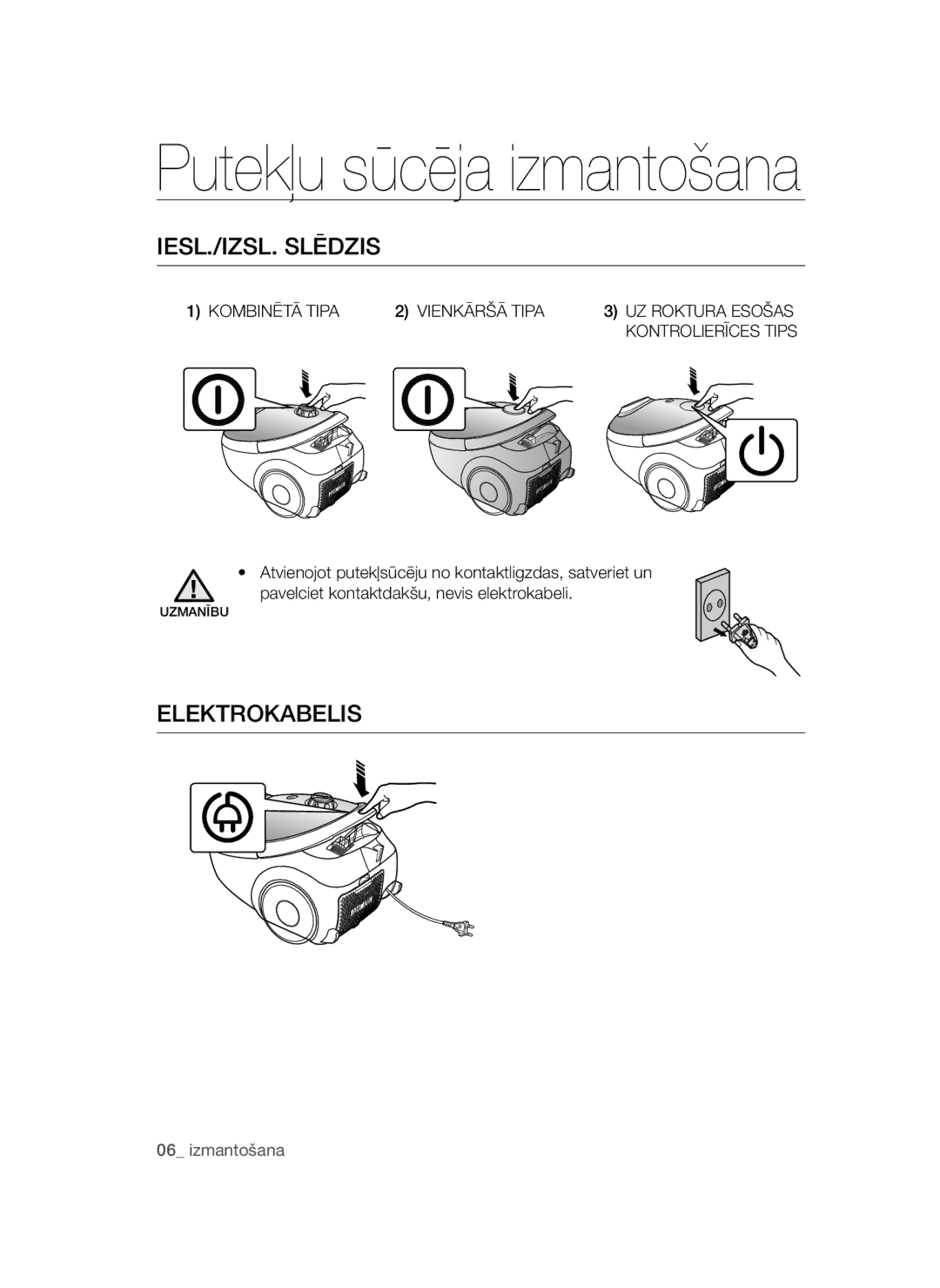 Samsung VCC54T1H31/XSB manual IESL./IZSL. Slēdzis, Elektrokabelis, Kombinētā Tipa Vienkāršā Tipa UZ Roktura Esošas 