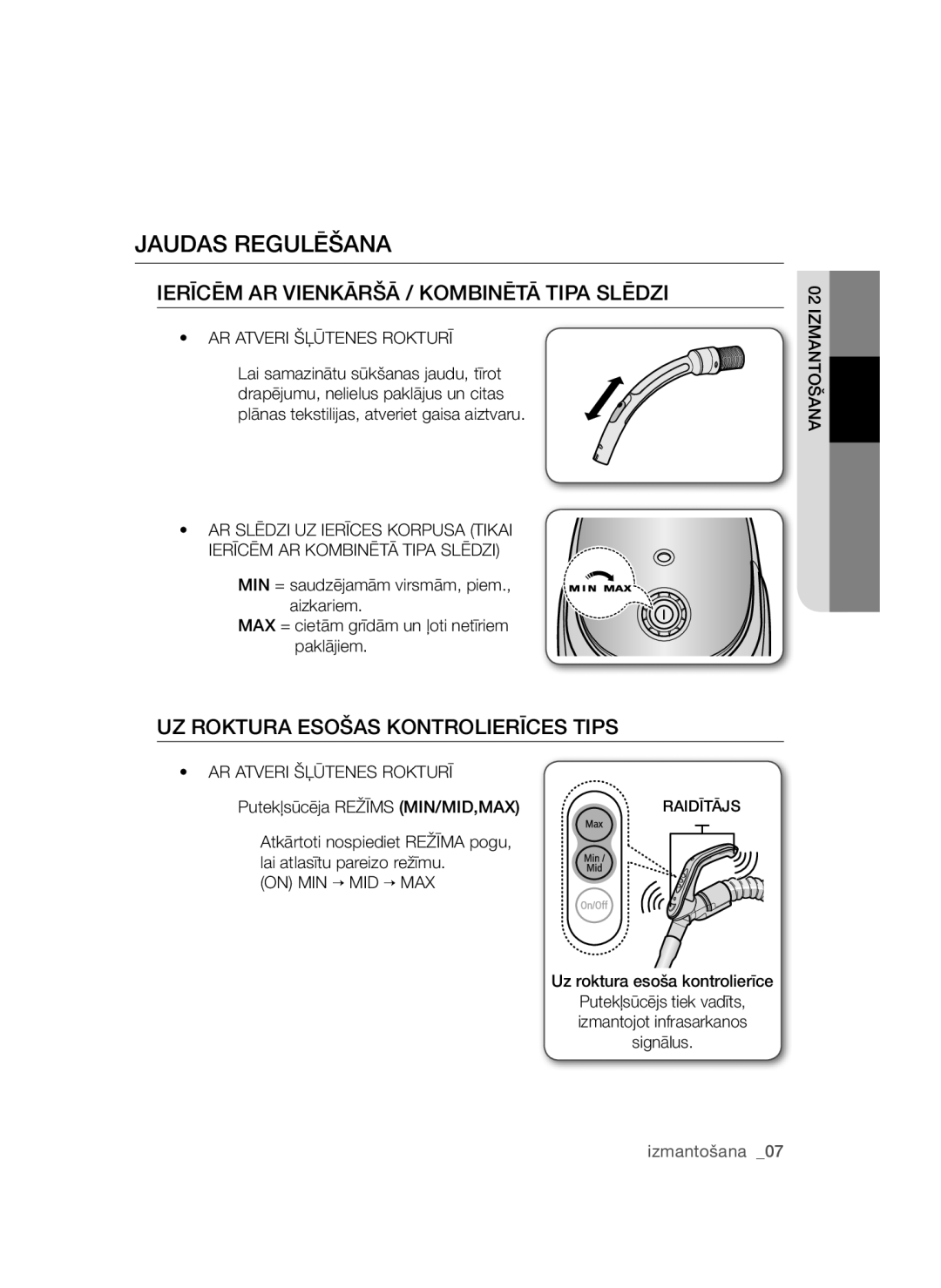 Samsung VCC54Q5V3R/XSB, VCC54T1H31/XSB, VCC54Q1V3B/XSB, VCC54F5V3R/XSB manual Jaudas Regulēšana, AR Atveri Šļūtenes Rokturī 