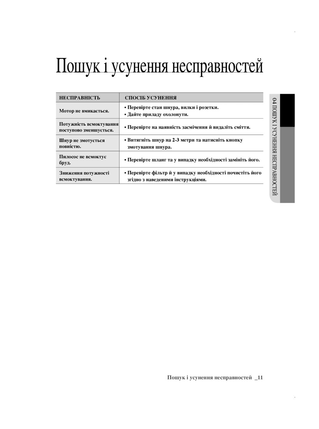 Samsung VCC5630V31/RVC, VCC5630V32/XEV, VCC5630V32/XSB manual Пошук і усунення несправностей, Несправність Спосіб Усунення 