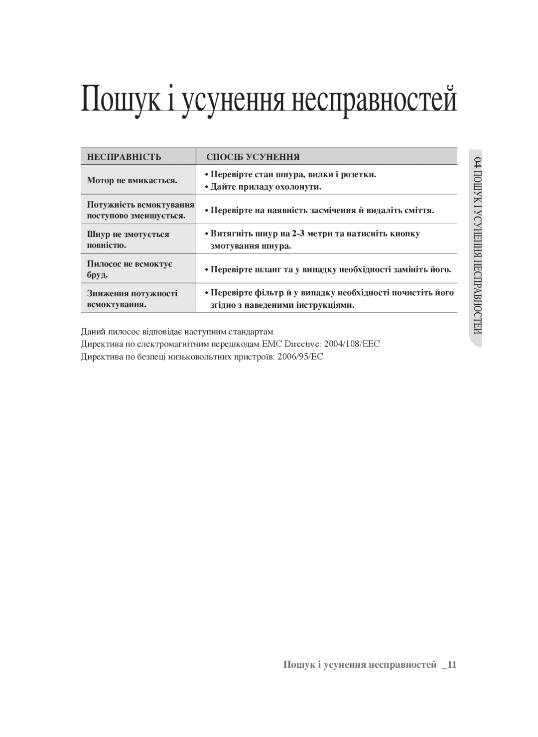 Samsung VCC5640V37/XSB, VCC5630V32/XEV, VCC5640V3R/XSB, VCC5660V3K/XSB, VCC5630V32/XSB manual Пошук і усунення несправностей 