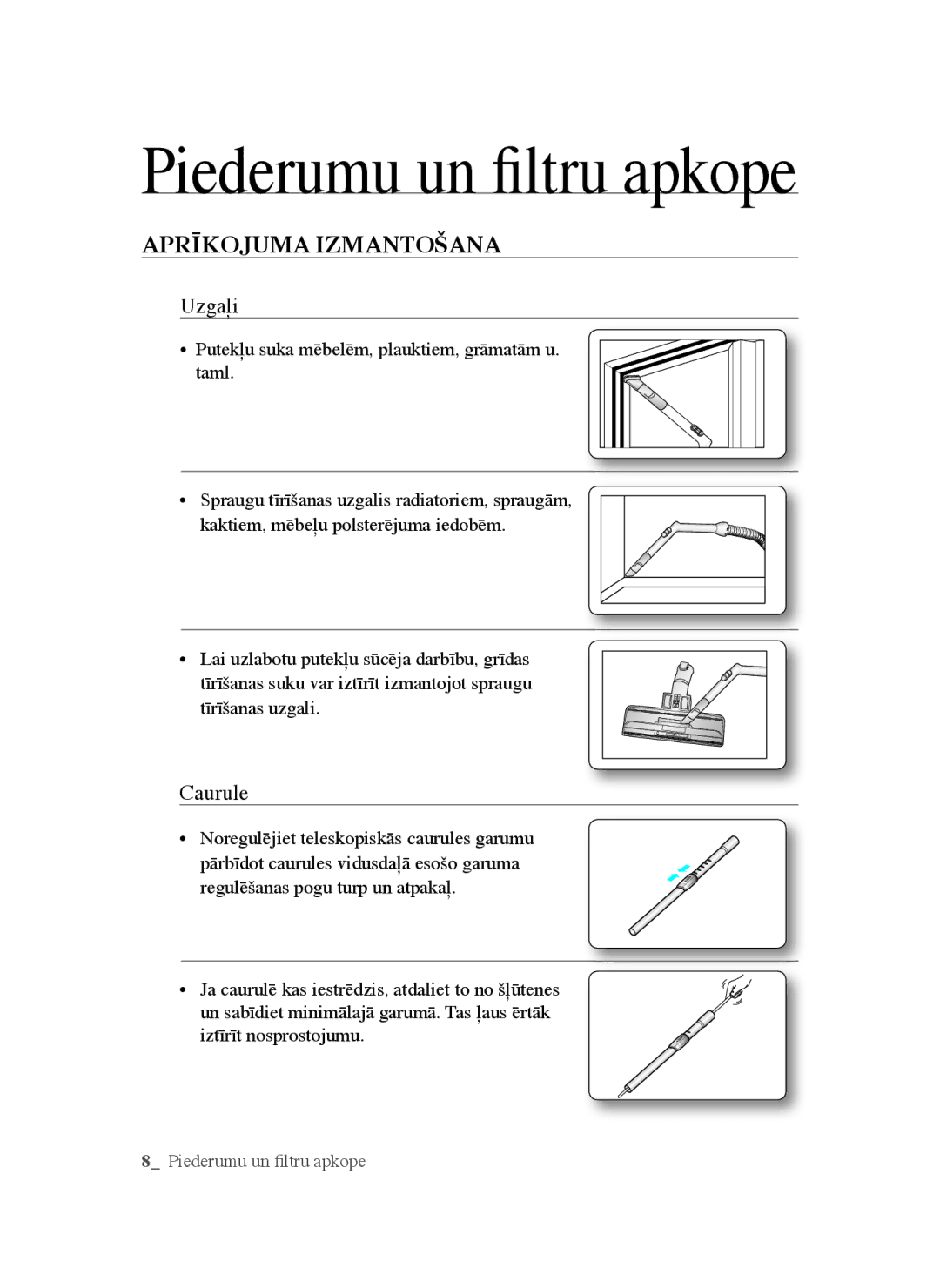 Samsung VCC5660V3K/XEV, VCC5630V32/XEV, VCC5640V3R/XSB, VCC5660V3K/XSB Piederumu un filtru apkope, Aprīkojuma Izmantošana 