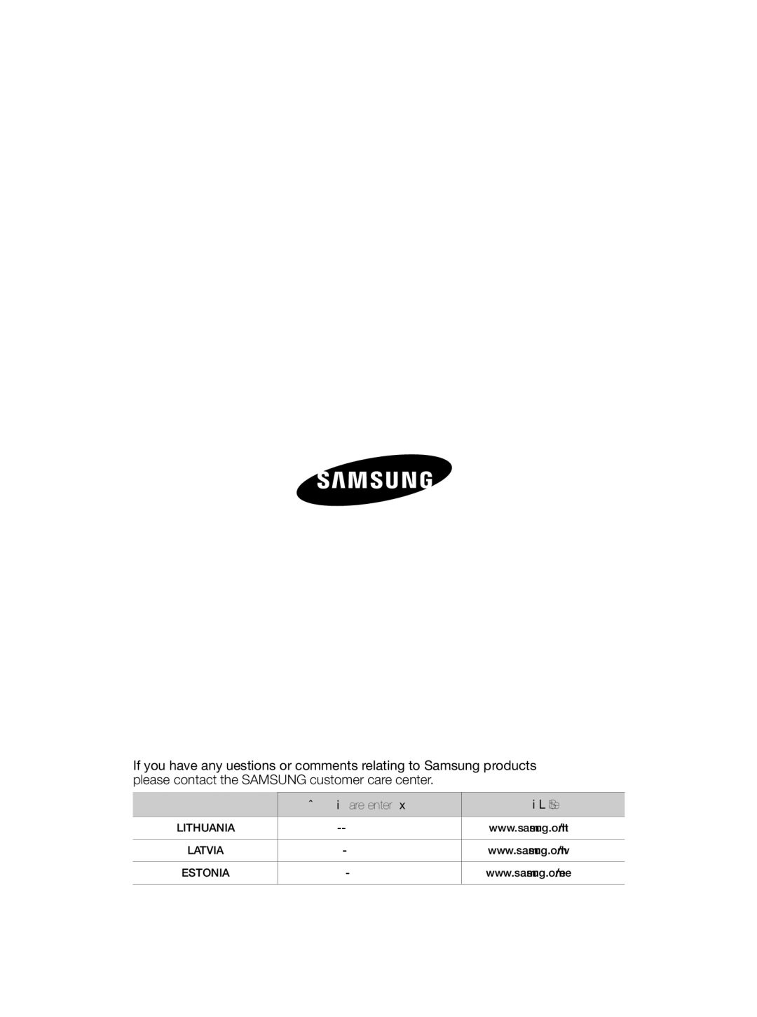 Samsung VCC5630V35/XEE, VCC5630V3S/XEE, VCC5630V36/XEE, VCC5630V3W/XEE, VCC5630V32/XEV Country Customer Care Center Web Site 