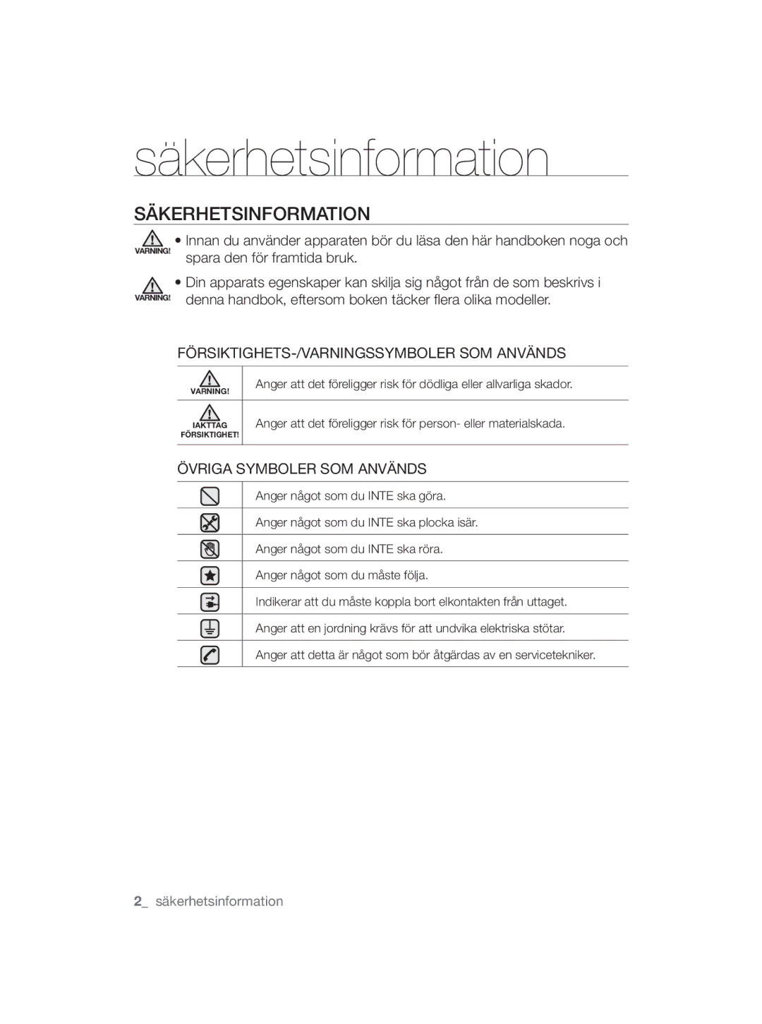 Samsung VCC5630V36/XEE, VCC5630V3S/XEE, VCC5630V35/XEE, VCC5630V3W/XEE, VCC5630V35/KEE manual Säkerhetsinformation 