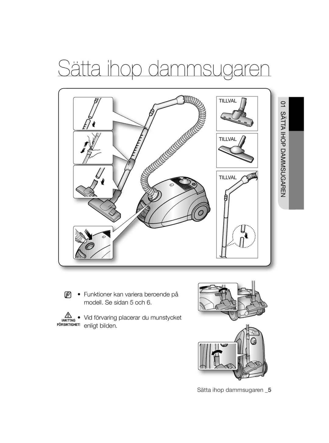 Samsung VCC5630V35/KEE, VCC5630V3S/XEE, VCC5630V36/XEE, VCC5630V35/XEE, VCC5630V3W/XEE manual Sätta ihop dammsugaren 