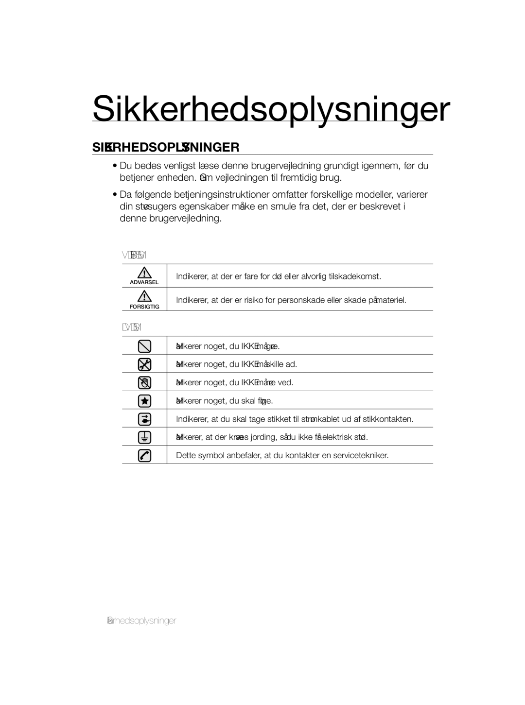 Samsung VCC5630V3W/XEE, VCC5630V3S/XEE, VCC5630V36/XEE, VCC5630V35/XEE, VCC5630V35/KEE manual Sikkerhedsoplysninger 