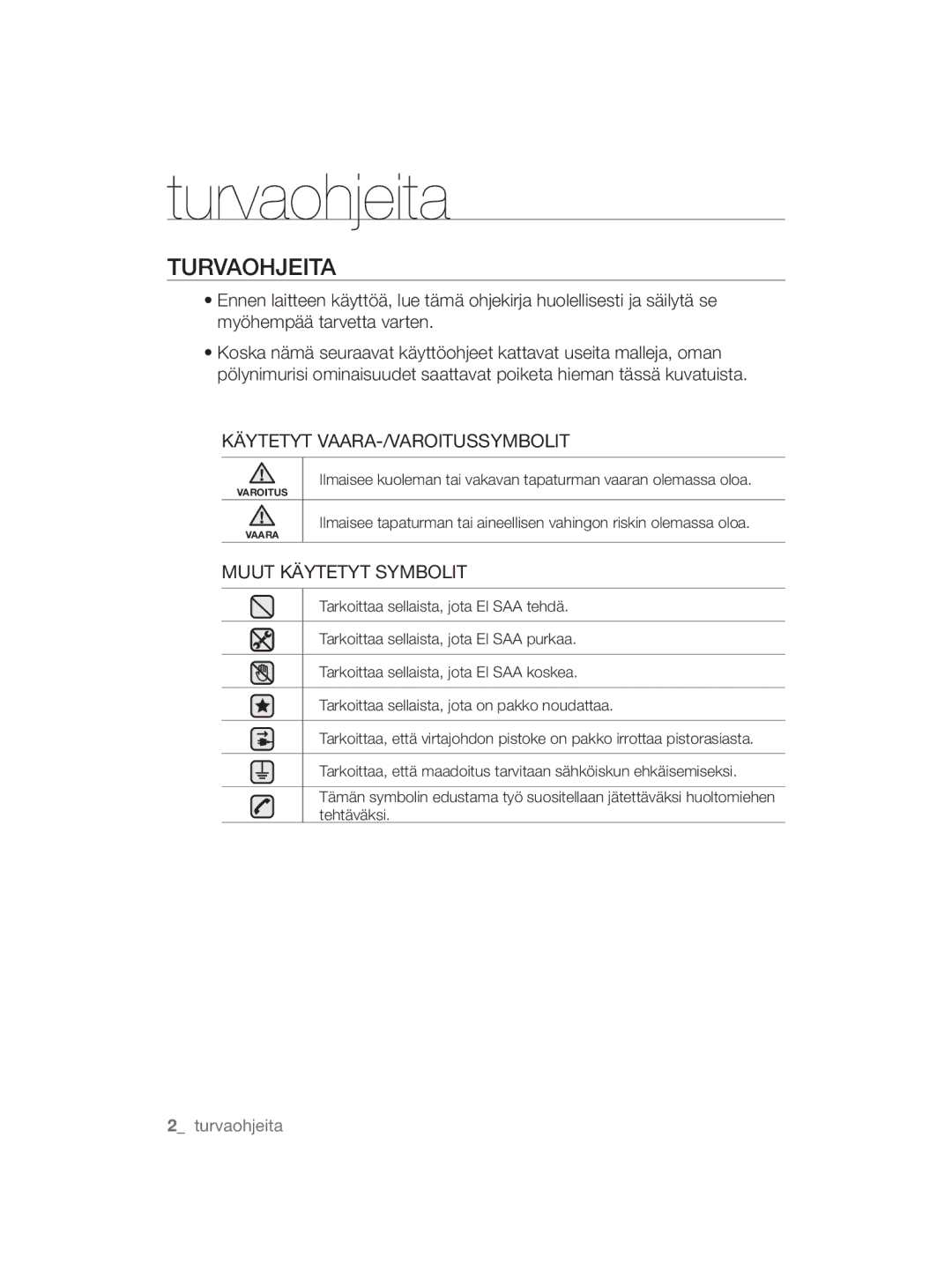 Samsung VCC5630V35/XEE, VCC5630V3S/XEE, VCC5630V36/XEE, VCC5630V3W/XEE, VCC5630V35/KEE manual Turvaohjeita 