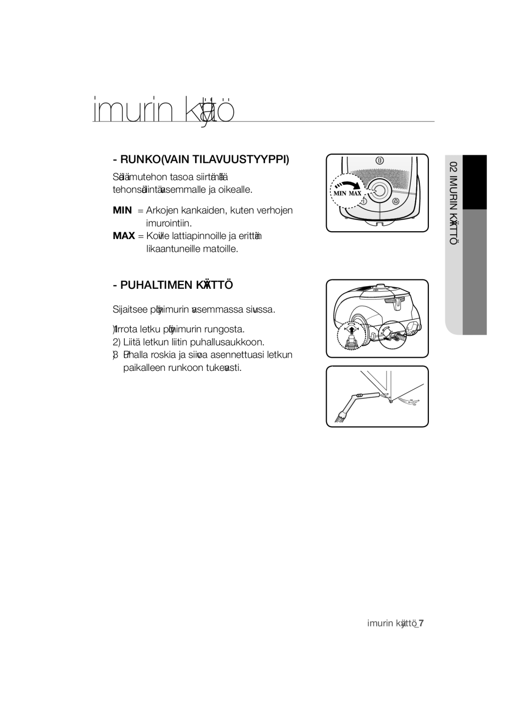 Samsung VCC5630V35/XEE, VCC5630V3S/XEE, VCC5630V36/XEE, VCC5630V3W/XEE, VCC5630V35/KEE manual Runkovain Tilavuustyyppi 