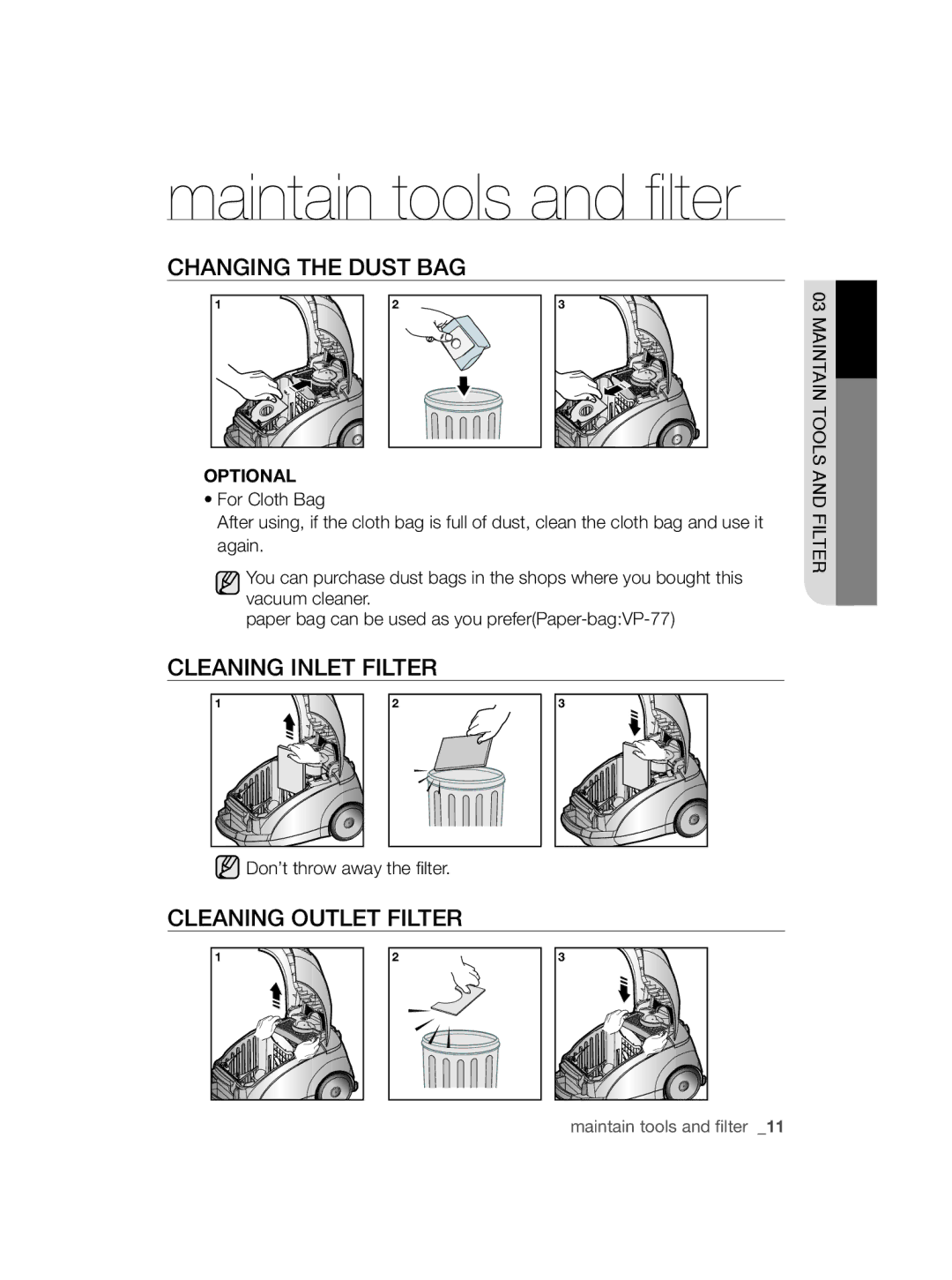 Samsung VCC5650S3R/GEN, VCC5650S3R/SML, VCC5650S37/SML ChANGING ThE Dust bAG, Cleaning inlet filter, Cleaning outlet filter 