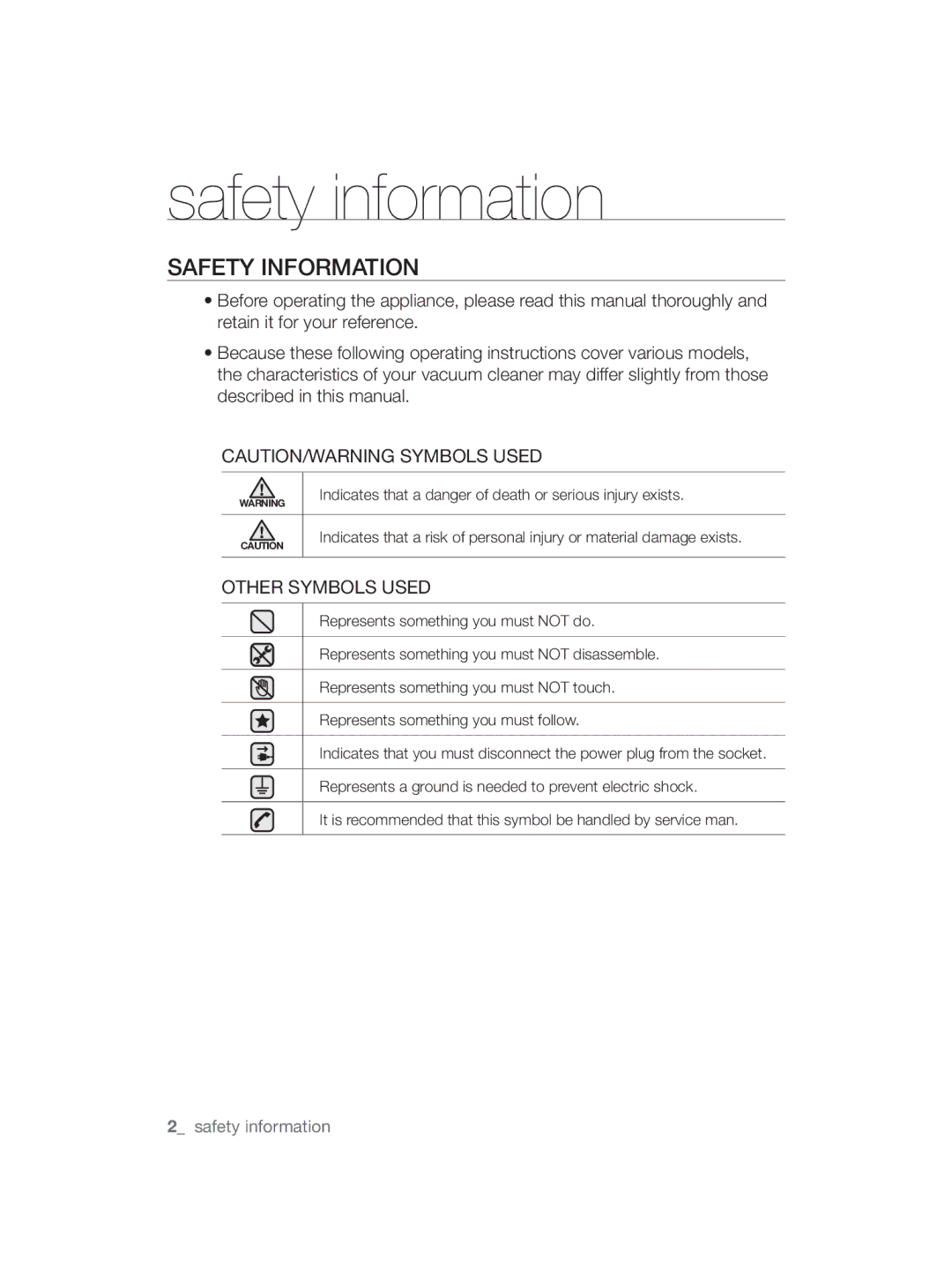 Samsung VCC5650S38/SML, VCC5650S3R/SML, VCC5650S37/SML, VCC5650S3R/GEN manual Safety information, Safety Information 