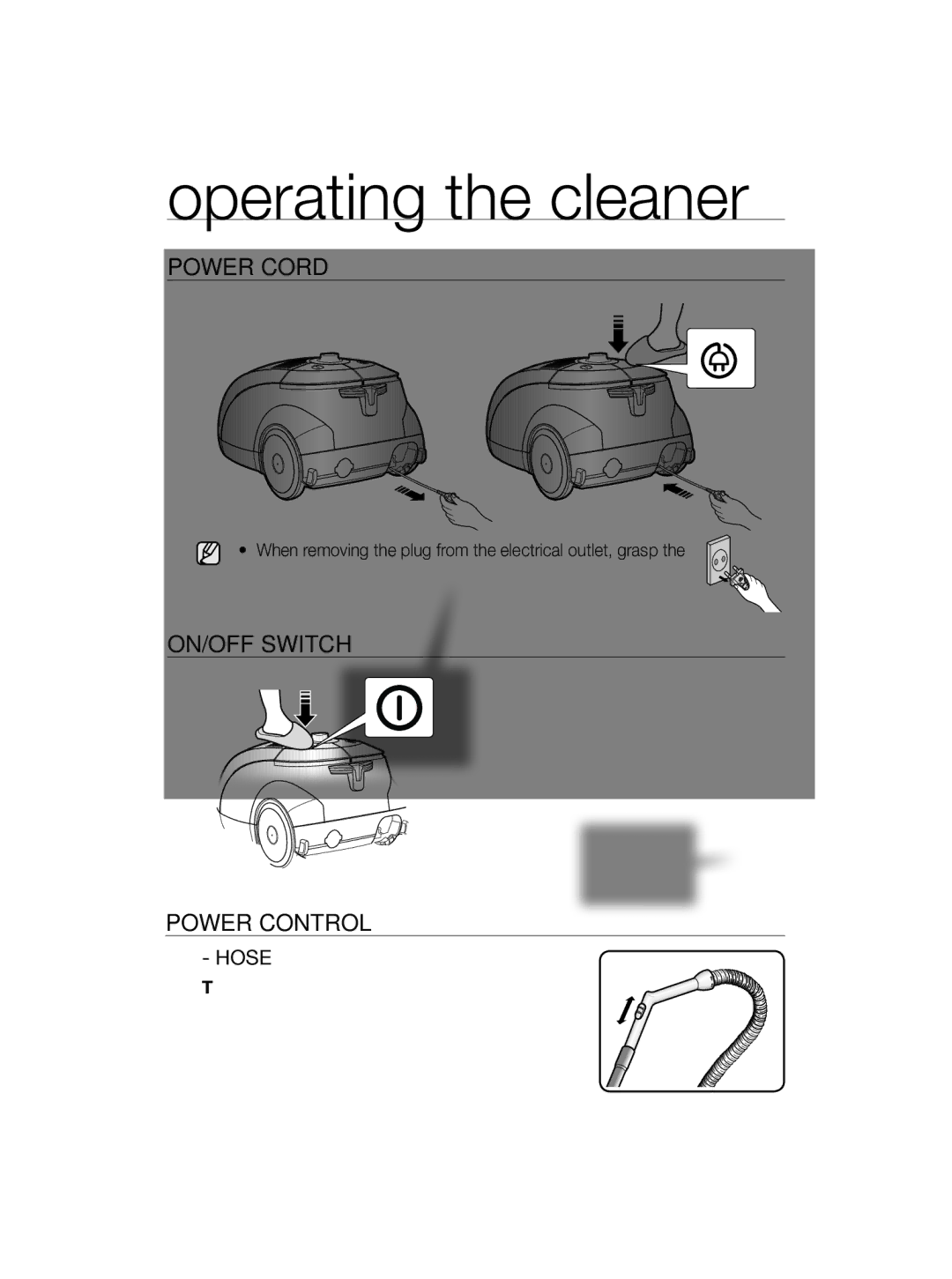 Samsung VCC5650S38/SML, VCC5650S3R/SML, VCC5650S37/SML manual Operating the cleaner, POwER cORD, On/off switch Power control 