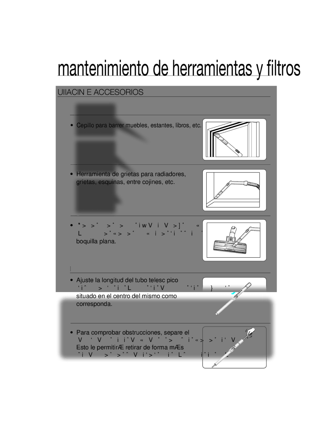 Samsung VCC5660V3W/XEC manual Mantenimiento de herramientas y filtros, UTILIZACIóN DE Accesorios 