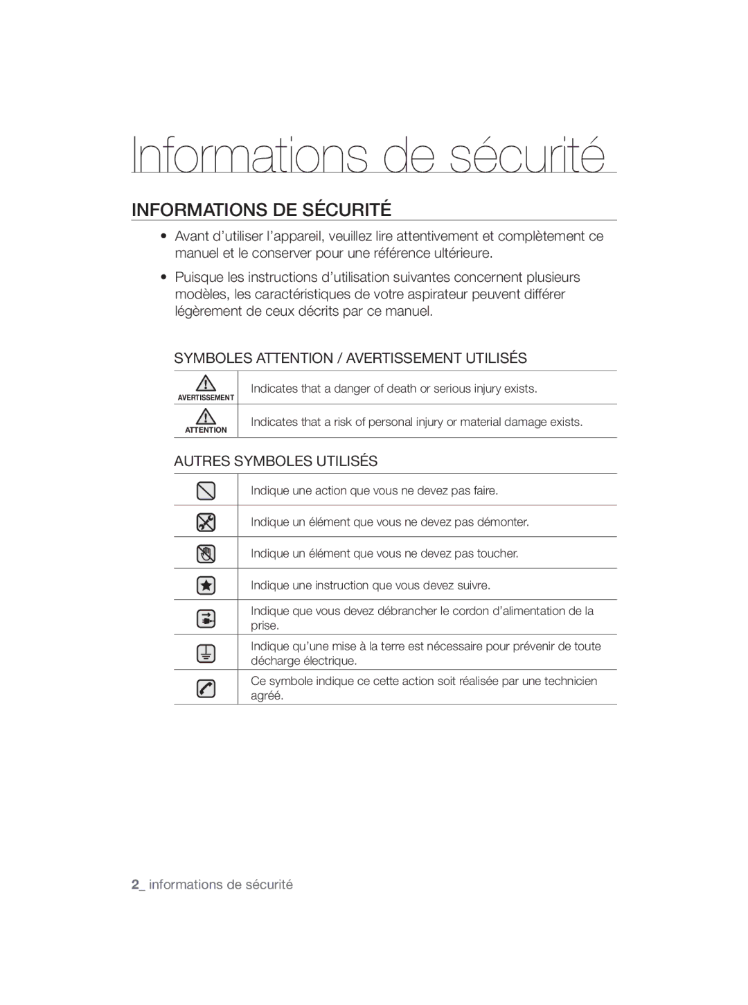 Samsung VCC5670V3W/XEF manual Informations de sécurité, Informations DE Sécurité 