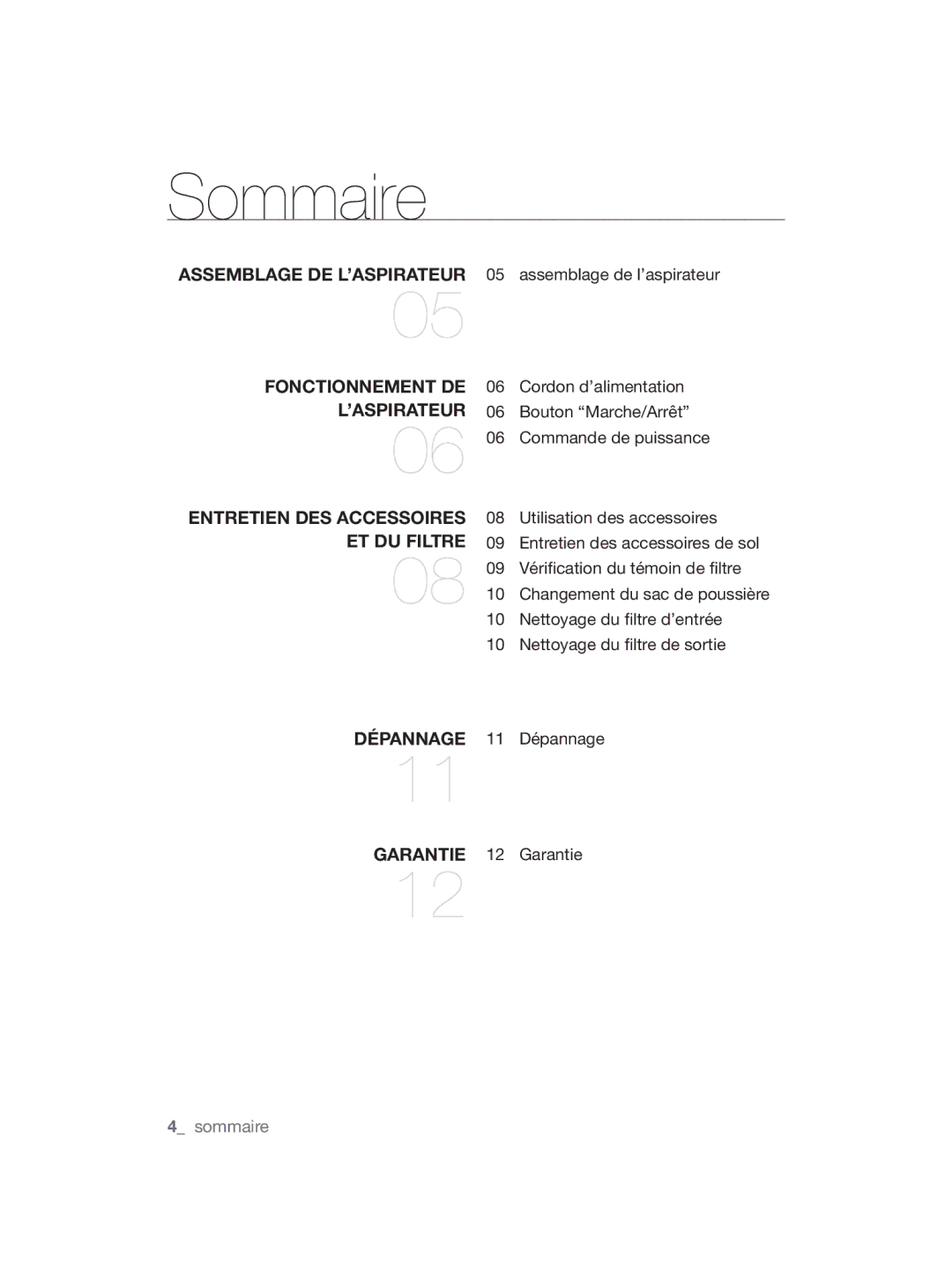 Samsung VCC5670V3W/XEF manual Sommaire, Assemblage DE L’ASPIRATEUR 