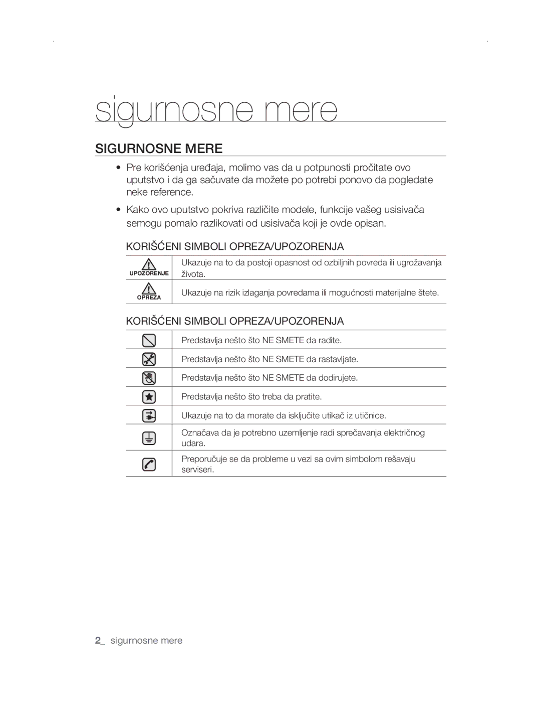 Samsung VCC5670V3G/BOL, VCC5670V3W/XEH, VCC5670V32/TWL, VCC5670V3R/TWL, VCC5670V3K/BOL manual Sigurnosne mere, Sigurnosne Mere 