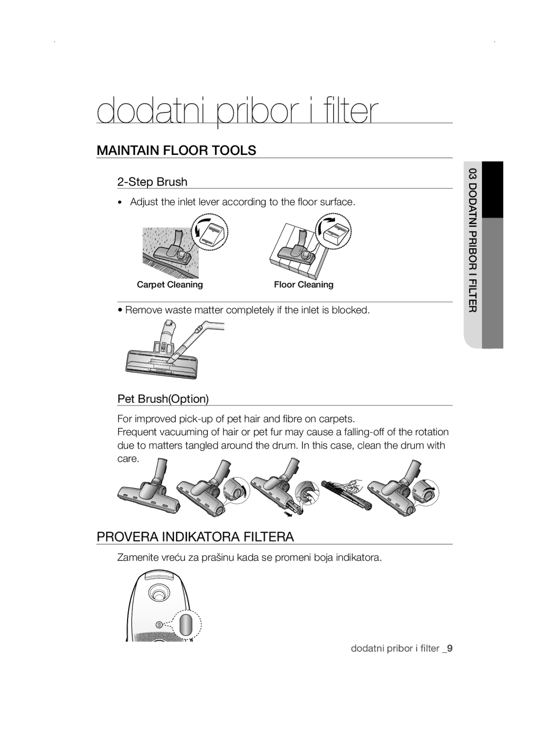 Samsung VCC5670V3G/BOL, VCC5670V3W/XEH, VCC5670V32/TWL, VCC5670V3R/TWL manual Maintain FlOOR TOOlS, Provera Indikatora Filtera 