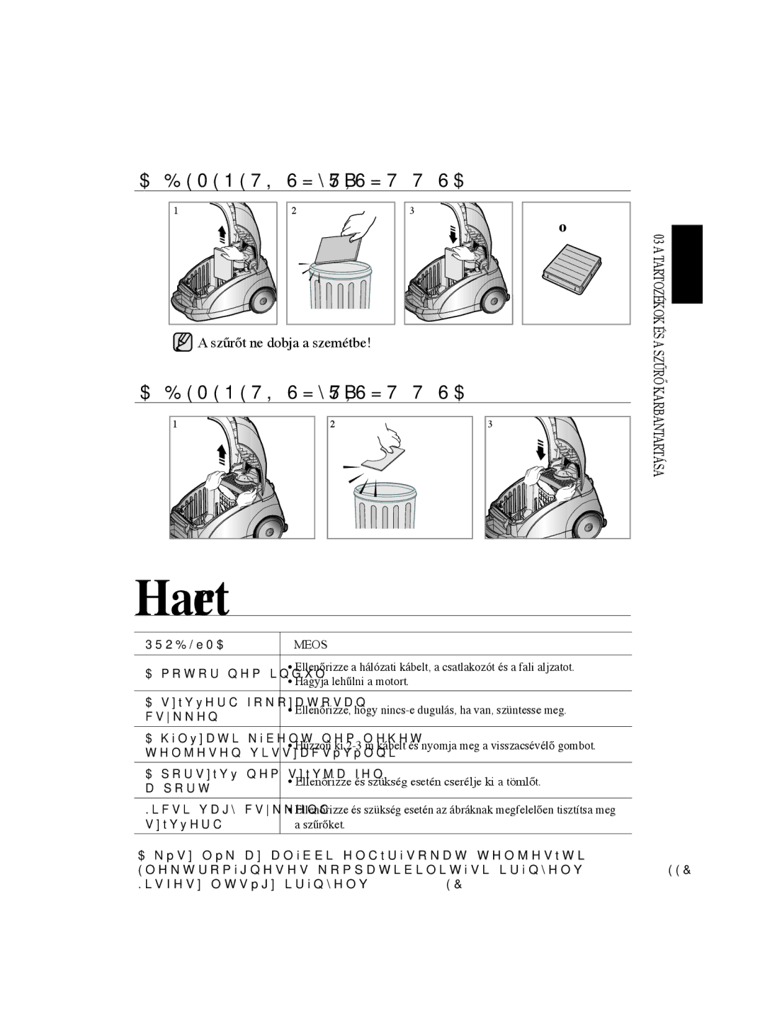 Samsung VCC5630V3W/EUR, VCC5670V3W/XEH, VCC5670V3K/BOL, VCC5635V3G/XEH manual Hibaelhárítás, Bemeneti Szűrő Tisztítása 