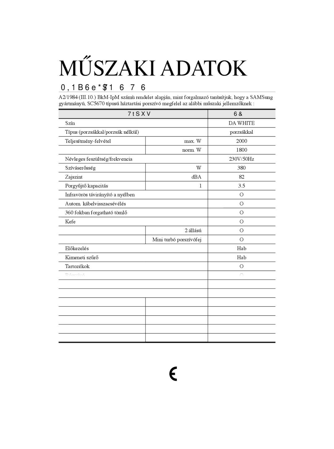 Samsung VCC5670V3W/XEH, VCC5670V3K/BOL, VCC5635V3G/XEH, VCC5630V3B/XEH, VCC5635V3K/XEH manual MűSZAKI Adatok, Minőségtanúsítás 